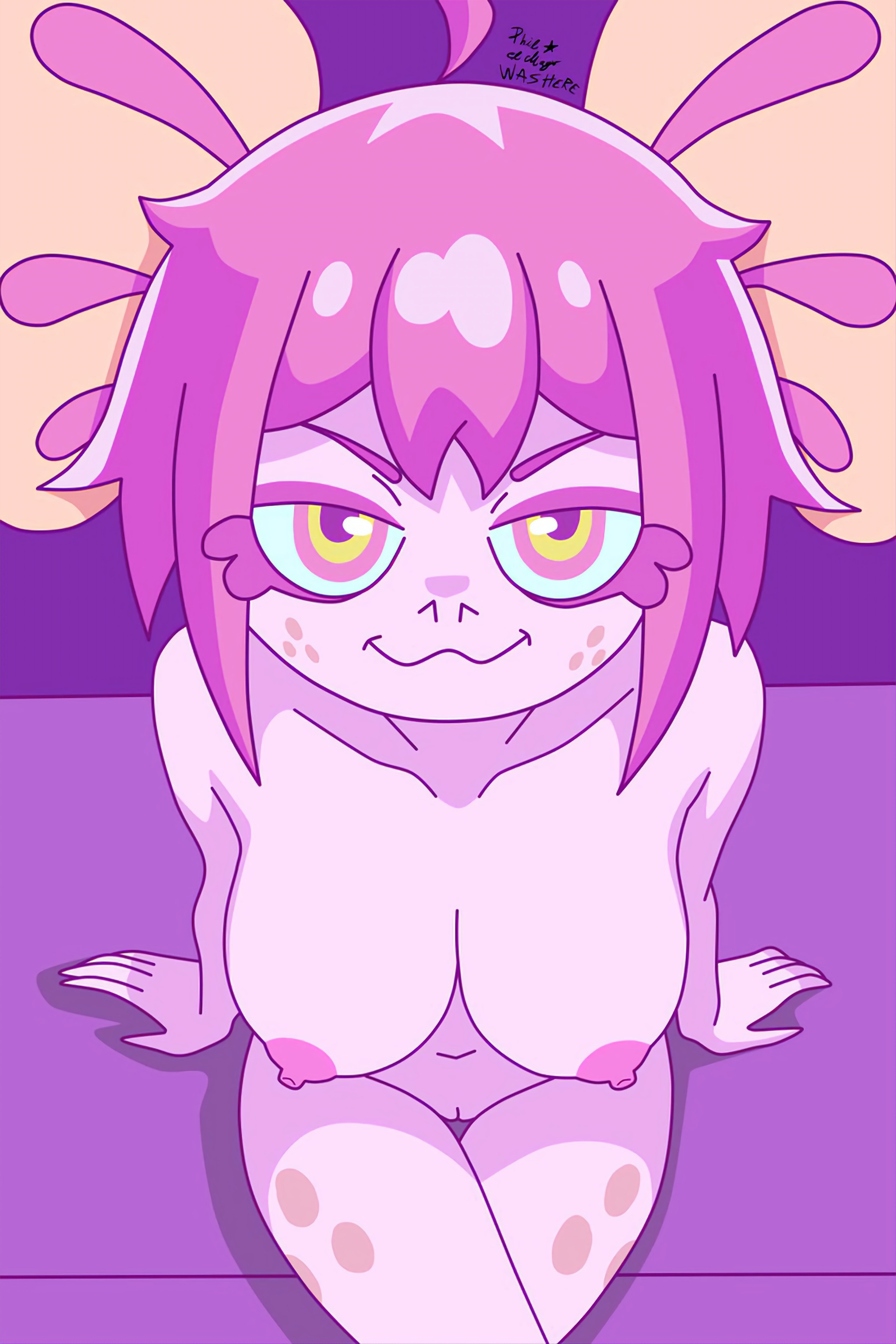 2:3, anthro, areolae, axolotl, axolotl girl, big breasts, color, female only, freckles, hi res, looking at viewer, naughty face, nipples, philelmago, pink body, pink eyes, pink hair, pussy lips, signature, sitting, smiling, solo female, thighs, vitzy (vitzypie)