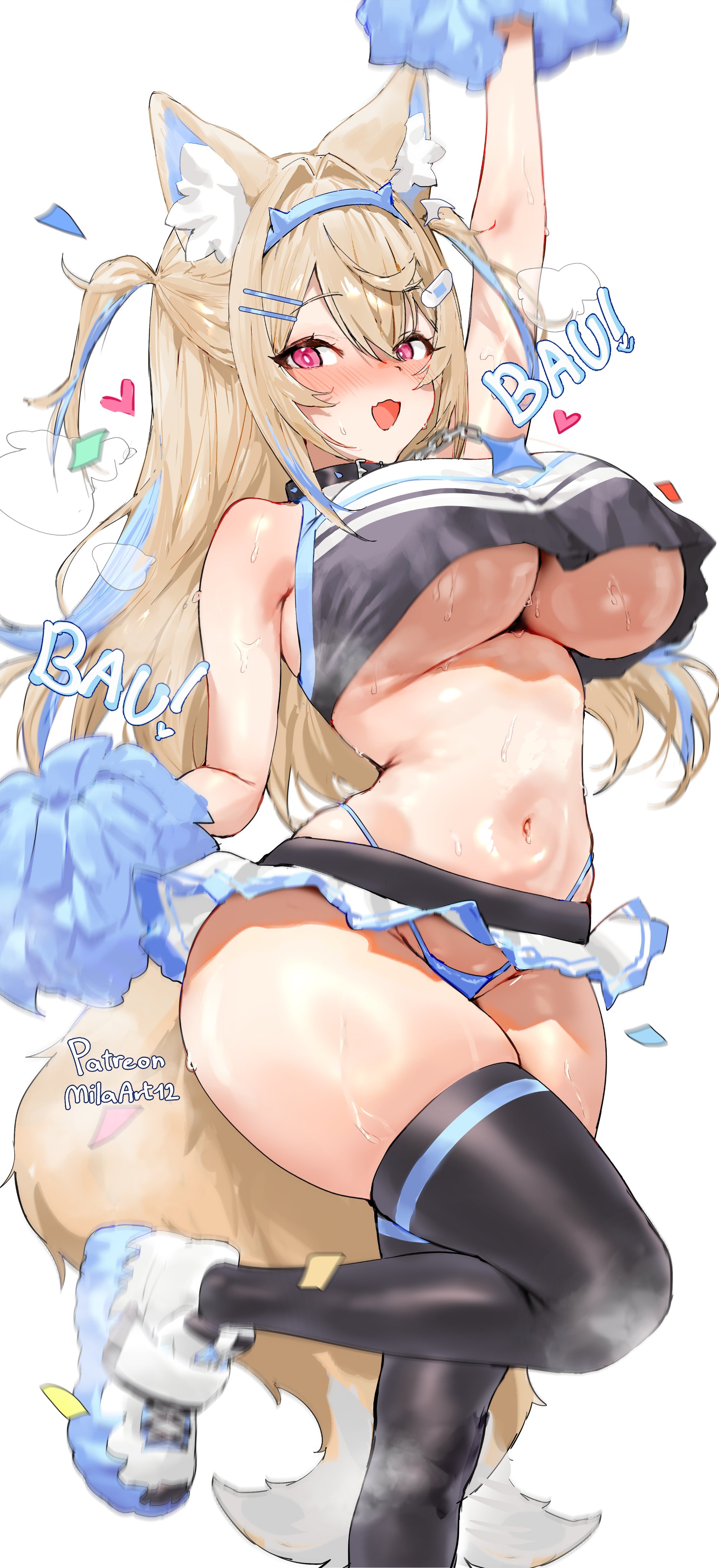 absurd res, animal humanoid, big breasts, black clothing, black legwear, black thigh highs, blonde hair, blue clothing, blue highlights, blue inner ear, blue panties, blue underwear, blush, bodily fluids, bottomwear, breasts, cheerleader outfit, clothed, clothing, confetti, female, footwear, fuwawa abyssgard, hair, hi res, highlights (coloring), hololive, hololive en, hololive english, humanoid, inner ear fluff, large breasts, legwear, long hair, microskirt, miniskirt, navel, panties, pink eyes, pom poms, shoes, simple background, skirt, solo, sweat, tail, thick thighs, thigh highs, tuft, under boob, underwear, upskirt, virtual youtuber, vtuber, white background, white inner ear fluff, wide hips, yellow tail