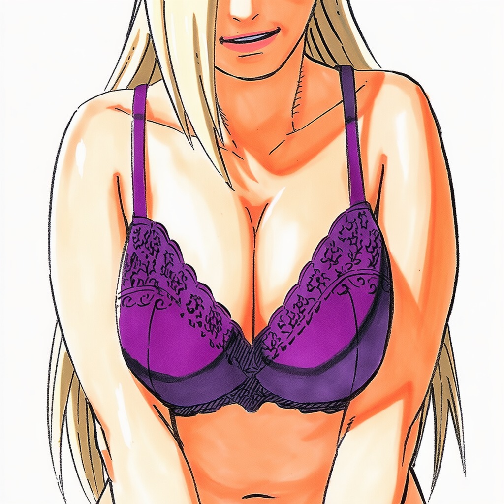 1:1, 1girls, 2d, accurate art style, accurate body type, ai generated, bare arms, bare shoulders, belly, belly button, blonde female, blonde hair, bra, breast focus, breasts, breasts squeezed together, cel shading, clothing, collarbone, facing viewer, female, female focus, female only, front view, full color, hair over one eye, head out of frame, high resolution, highres, ino yamanaka, lace, lace trim, lace-trimmed bra, light skin, light-skinned female, line art, lineart, lingerie, lingerie bra, long hair, looking at viewer, manga style, masashi kishimoto style, narrow waist, naruto, naruto (series), naruto shippuden, navel, official style, parted lips, pink lips, purple bra, shiny skin, short hair, simple background, slender waist, slim waist, smile, soft shading, solo, solo female, solo focus, standing, upper body, v arms, waifu, white background