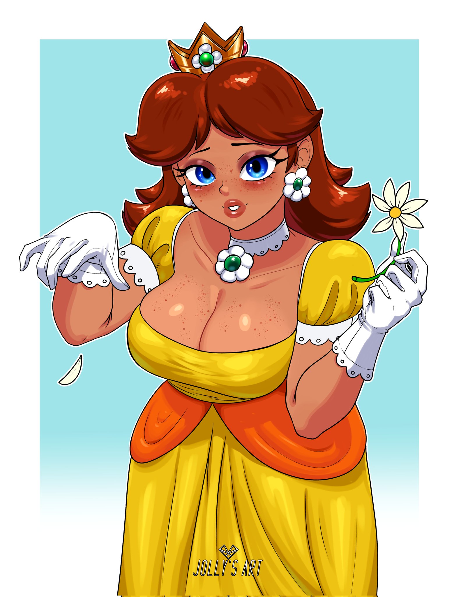 big breasts, blue eyes, breasts, brown hair, clothed, crown, earrings, female, female only, flower, flower earrings, highres, jewelry, jollysart, looking at viewer, mario (series), nintendo, ponytail, princess daisy, solo, thick thighs