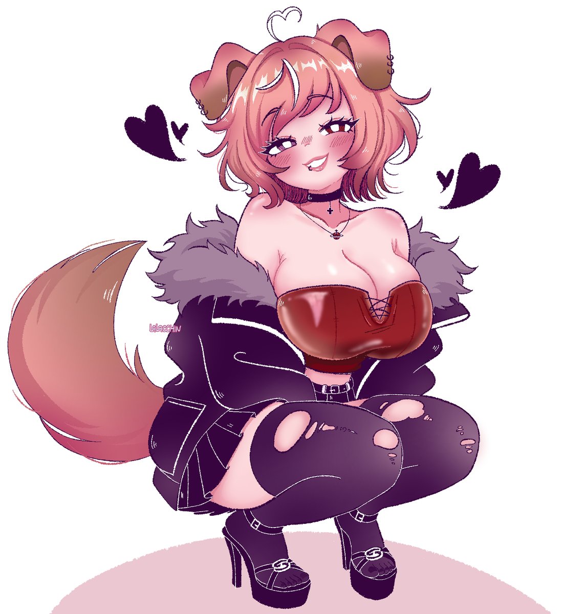 1female, 1girl, 1girls, anniepants02, big breasts, bimbo, blush, boobs, breasts, choker, clothed, clothing, collarbone, corset, digital drawing (artwork), digital media (artwork), dog ears, dog girl, dog tail, eyebrows, female, female focus, female only, heart symbol, heels, heterochromia, indie virtual youtuber, jacket, light skin, light-skinned female, lips, looking at viewer, necklace, pink hair, short skirt, shortstack, smile, smiling, smiling at viewer, squatting, stiletto heels, tail, teeth, thick thighs, thighhighs, thighs, torn thighhighs, virtual youtuber, vtuber, vtuberfanart