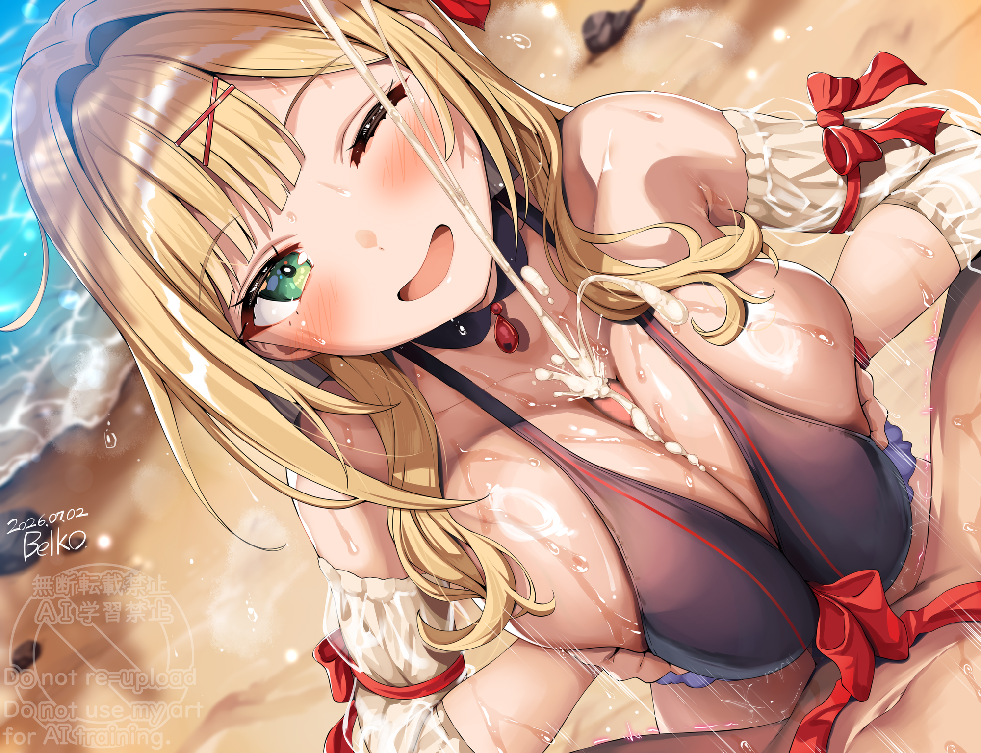 1boy, 1girls, alvina zimlock, artist signature, atelier (series), atelier resleriana, belko, bikini, blonde hair, blush, bow, breasts, censored, choker, cum, cum between breasts, cum on breasts, dated, detached sleeves, ejaculation, ejaculation between breasts, female, front-tie bikini top, green eyes, hairclip, male, mosaic censoring, one eye closed, open mouth, paizuri, paizuri lead by female, paizuri under clothes, pendant choker, penis, pov, red bow, red hairclip, smile, tagme