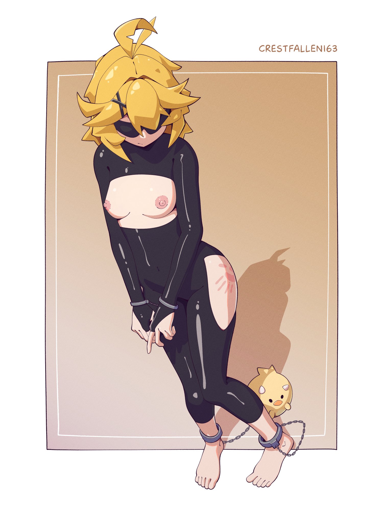 1girls, ahoge, ankle cuffs, barefoot, black bodysuit, blindfold, blindfolded, blonde hair, breasts, breasts out, crestfallen163, dokibird, dragoon (dokibird), fan mascot (vtuber), handcuffs, handprint on ass, hi res, indie virtual youtuber, mascot, small breasts, virtual youtuber, vtuber, white border, x hair ornament