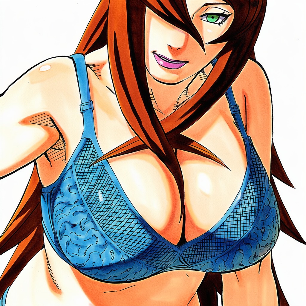 1:1, 1girls, 2d, accurate art style, accurate body type, ai generated, arm at side, armpits, auburn hair, bare arms, bare shoulders, big breasts, blue bra, blue panties, bra, bra strap, breasts, brown hair, busty, cel shading, cleavage, close-up, clothing, collarbone, covered breasts, covered nipples, eyelashes, facing viewer, female, female focus, female only, full color, green eyes, hair over one eye, head tilt, high resolution, highres, lace, lace trim, lace-trimmed bra, large breasts, leaning forward, light skin, light-skinned female, line art, lineart, lingerie, lingerie bra, lipstick, looking at viewer, makeup, manga style, masashi kishimoto style, mature female, mei terumi, naruto, naruto (series), naruto shippuden, official style, one eye covered, panties, parted lips, purple lips, purple lipstick, shiny clothes, shiny skin, simple background, smile, soft shading, solo, solo female, solo focus, standing, thin eyebrows, three-quarter view, underwear, upper body, very long hair, waifu, white background