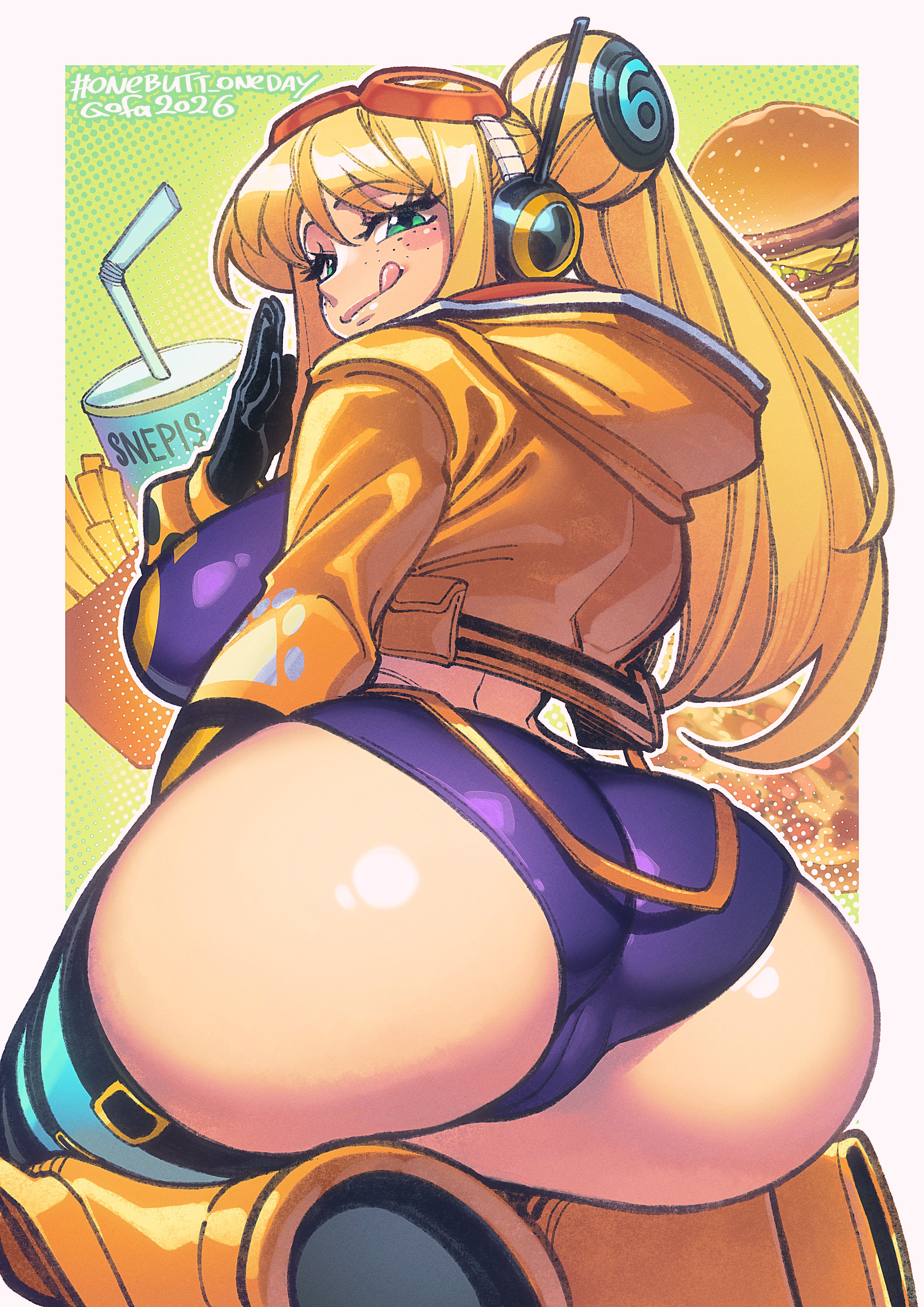:q, 1girls, ass, blonde hair, blonde-haired female, burger, female, female only, freckles, french fries, gofa, green eyes, huge ass, large breasts, long hair, looking at viewer, looking back, one piece, smile, soda, thick thighs, thighs, tongue, vegapunk york, york (one piece)