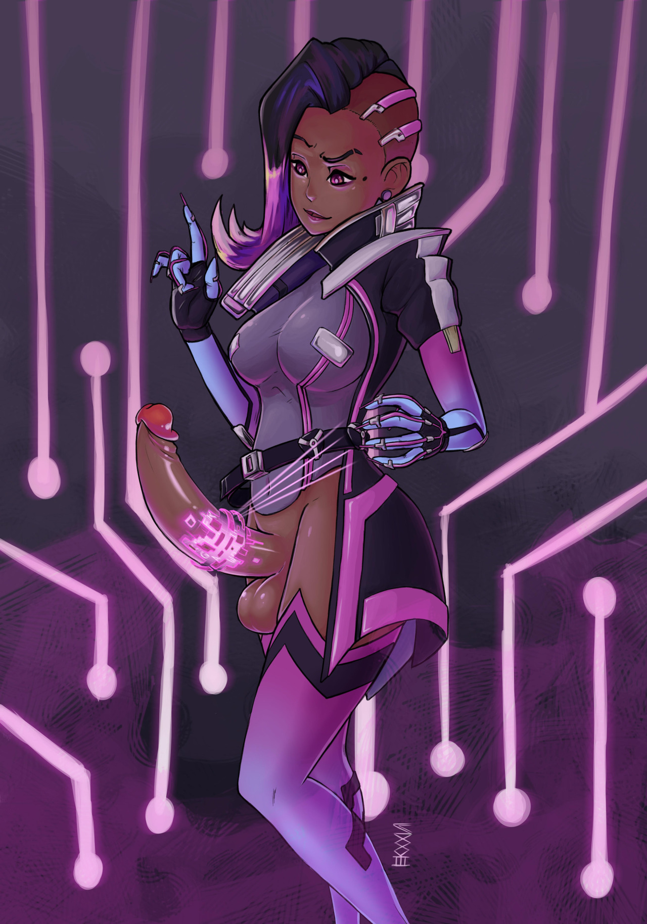 1futa, balls, dark skin, dark-skinned futa, erection, futa only, futanari, intersex, overwatch, penis, solo, sombra, sulcate, sulcatexxviii, testicles