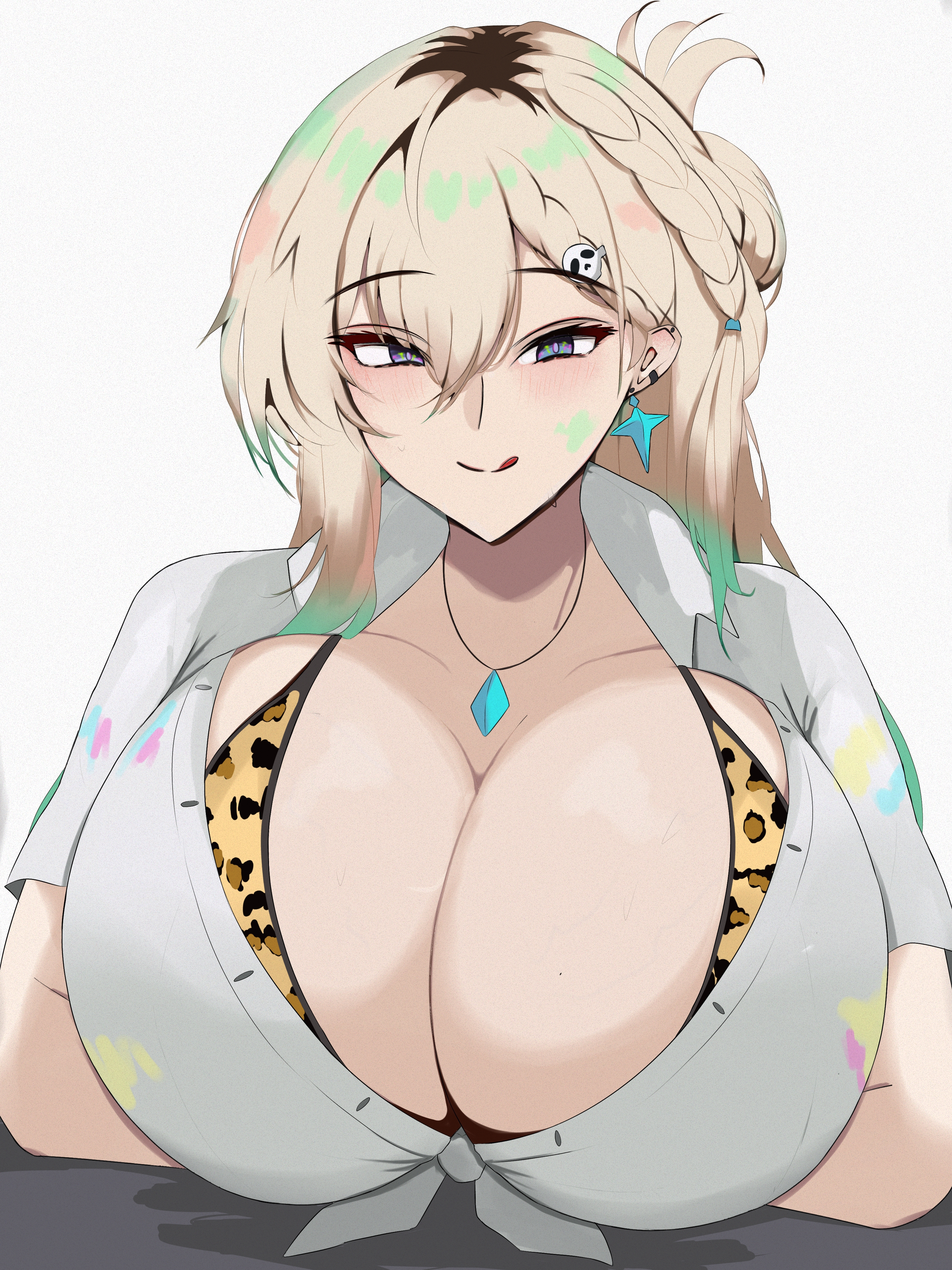 1girls, absurdres, animal print, arms under breasts, blonde hair, blush, bra, braid, braided bangs, breasts, cleavage, earrings, edelweiss17701, female, hair ornament, highres, huge breasts, jewelry, leopard print, leopard print bra, licking lips, lynae (wuthering waves), multicolored eyes, naughty face, necklace, print bra, skindentation, skull hair ornament, solo, star (symbol), star earrings, tongue, tongue out, underwear, upper body, wuthering waves