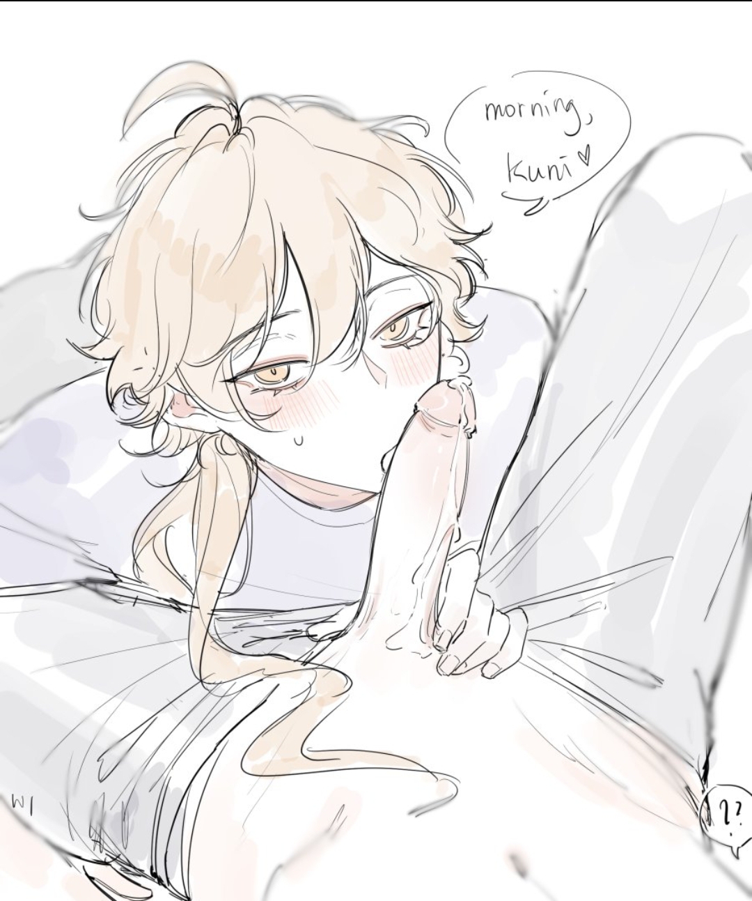 aether (genshin impact), blowjob, blowjob focus, blush, blushing, cum drip, dick, gay, genshin impact, hard cock, hard on, liann1009, male focus, male pov, male/male, precum, scaramouche (genshin impact), shy, sucking, sucking tip, wanderer (genshin impact), yaoi