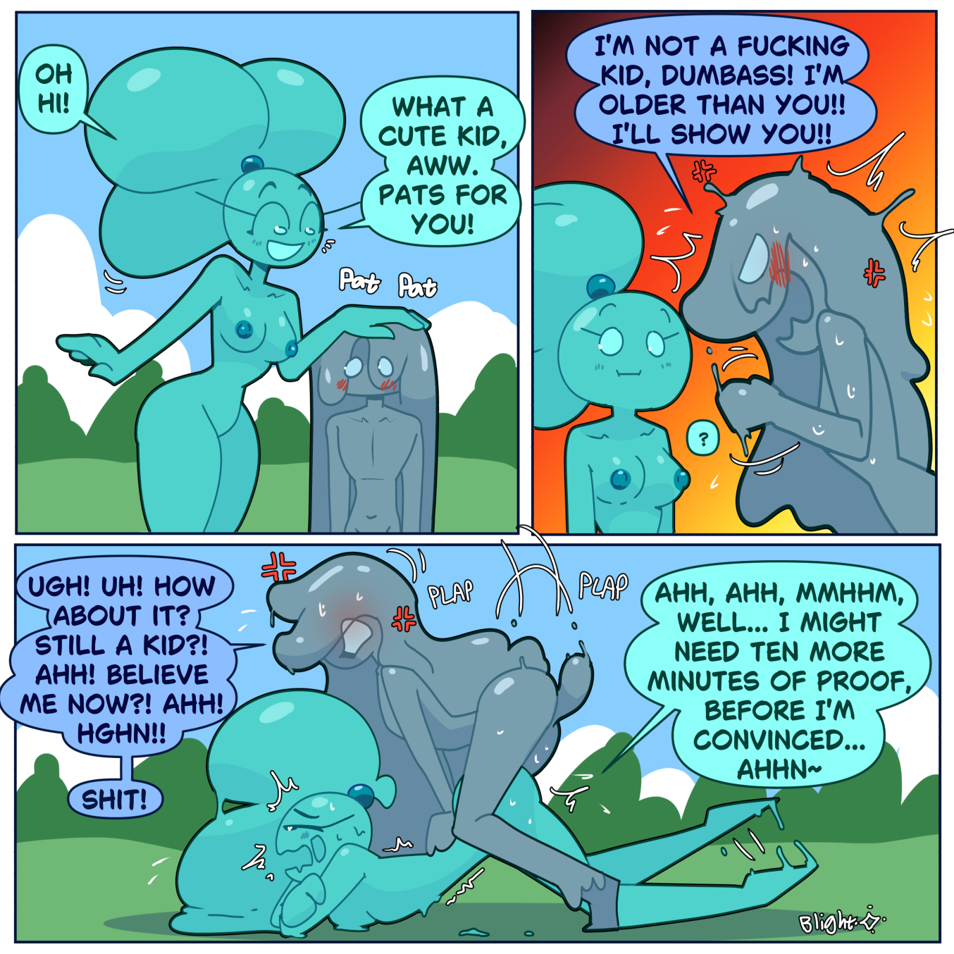 ?, 1boy, 1girls, 3 panel comic, ambiguous penetration, angry sex, balls, blightstar, blue body, blush, brat, bratty correction, breasts, brine (blightstar), clenched teeth, comic, dialogue, dripping, english text, face down ass up, grey body, head pat, mint (blightstar), oc, original, original character, outdoors, penis, plap, side view, silly face, size difference, slime, slime boy, slime girl, smaller male, speech bubble, standing, tagme, taller female, teasing