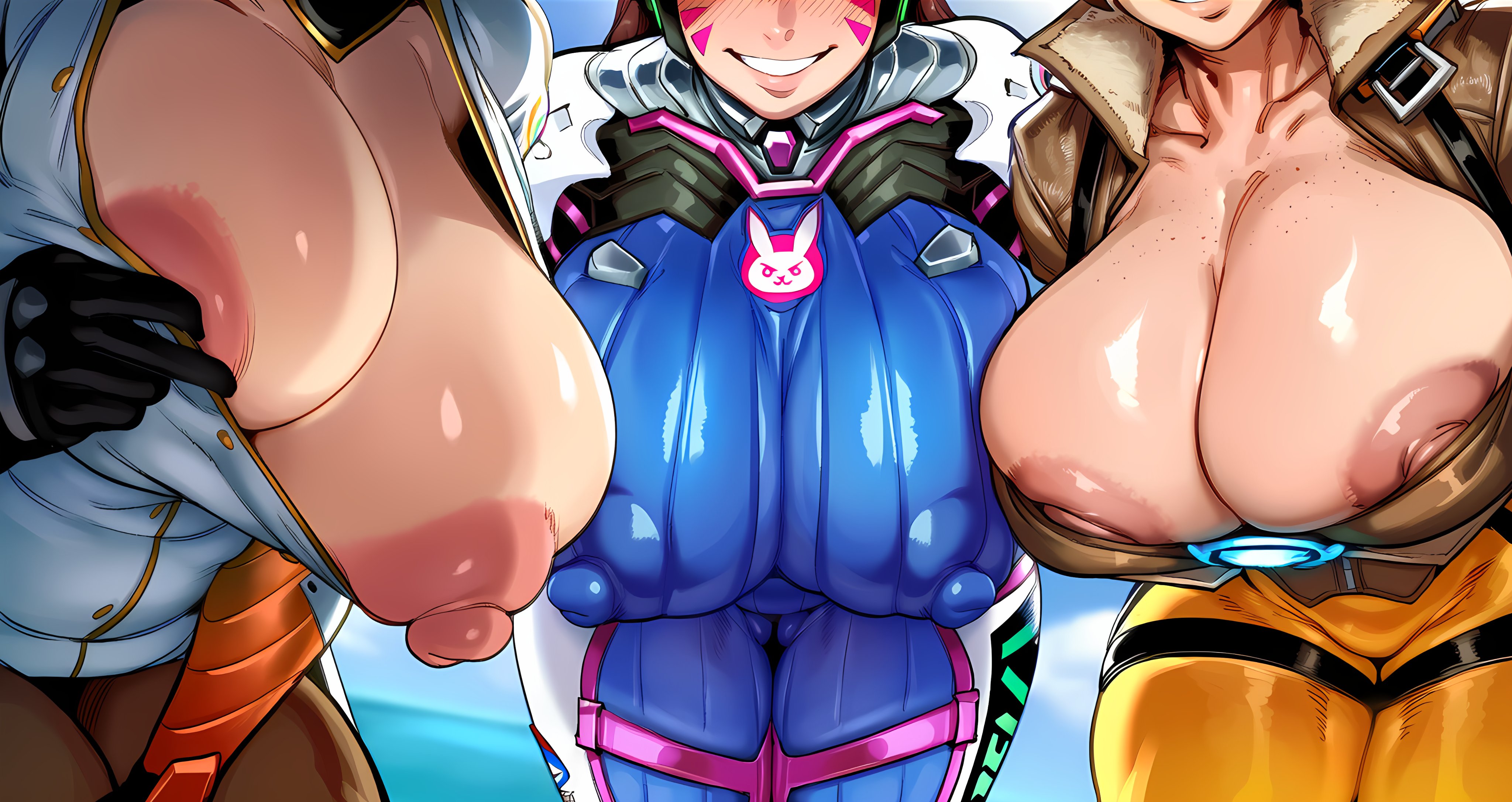 2026, 2d, 3girls, absurd res, absurd resolution, absurdres, ai generated, alternate breast size, animal print, bodysuit, breast focus, breasts, breasts out, brown hair, cameltoe, cleavage, collarbone, covered nipples, d.va, d.va (overwatch), facial mark, freckles, gloves, grin, head out of frame, hi res, high collar, high quality, high resolution, highres, huge breasts, huge nipples, ichislop, image, jacket, large areolae, large breasts, leaning forward, mercy, mercy (overwatch), multiple girls, nipple slip, nipples, one breast out, open clothes, orange bodysuit, overwatch, overwatch 2, pilot suit, puffy nipples, ribbed bodysuit, skin tight, smile, thigh gap, tracer, tracer (overwatch), uncensured, whisker markings