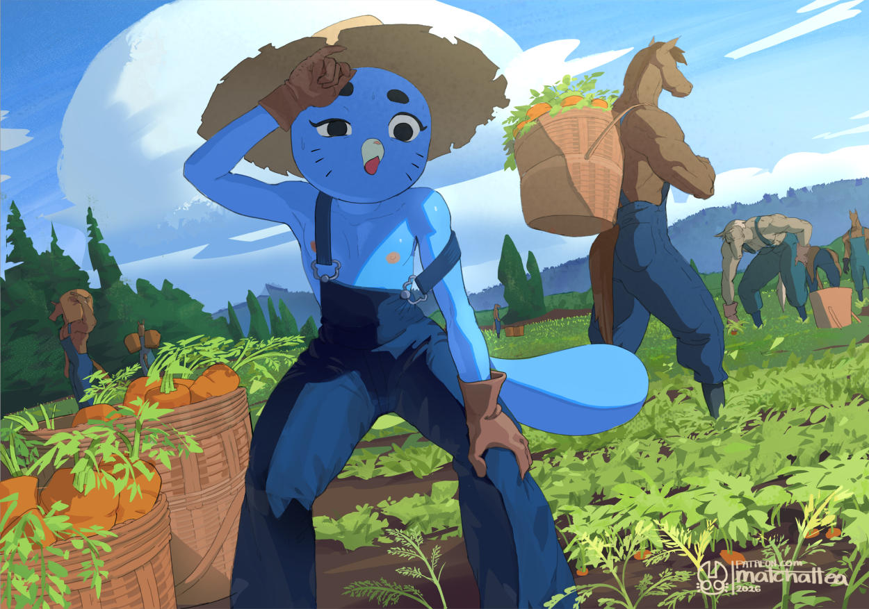 1girls, 2d, 2d (artwork), background, breasts out, cartoon network, cat ears, cat girl, cat tail, catgirl, cheating, cheating female, cheating wife, comic, digital drawing (artwork), domestic cat, farm, farm girl, farmgirl, female, female focus, flat chest, flat chested, gloves, horse, matchattea, matchattea nicole, mature female, milf, mother, mother (lore), nicole watterson, nipples, overalls, overalls only, partially clothed, petite, petite body, petite female, pink nipples, public, public exposure, small breasts, studio soi, surrounded by men, sweat, sweating, the amazing world of gumball, tired expression, tired look, warner bros, work uniform, working