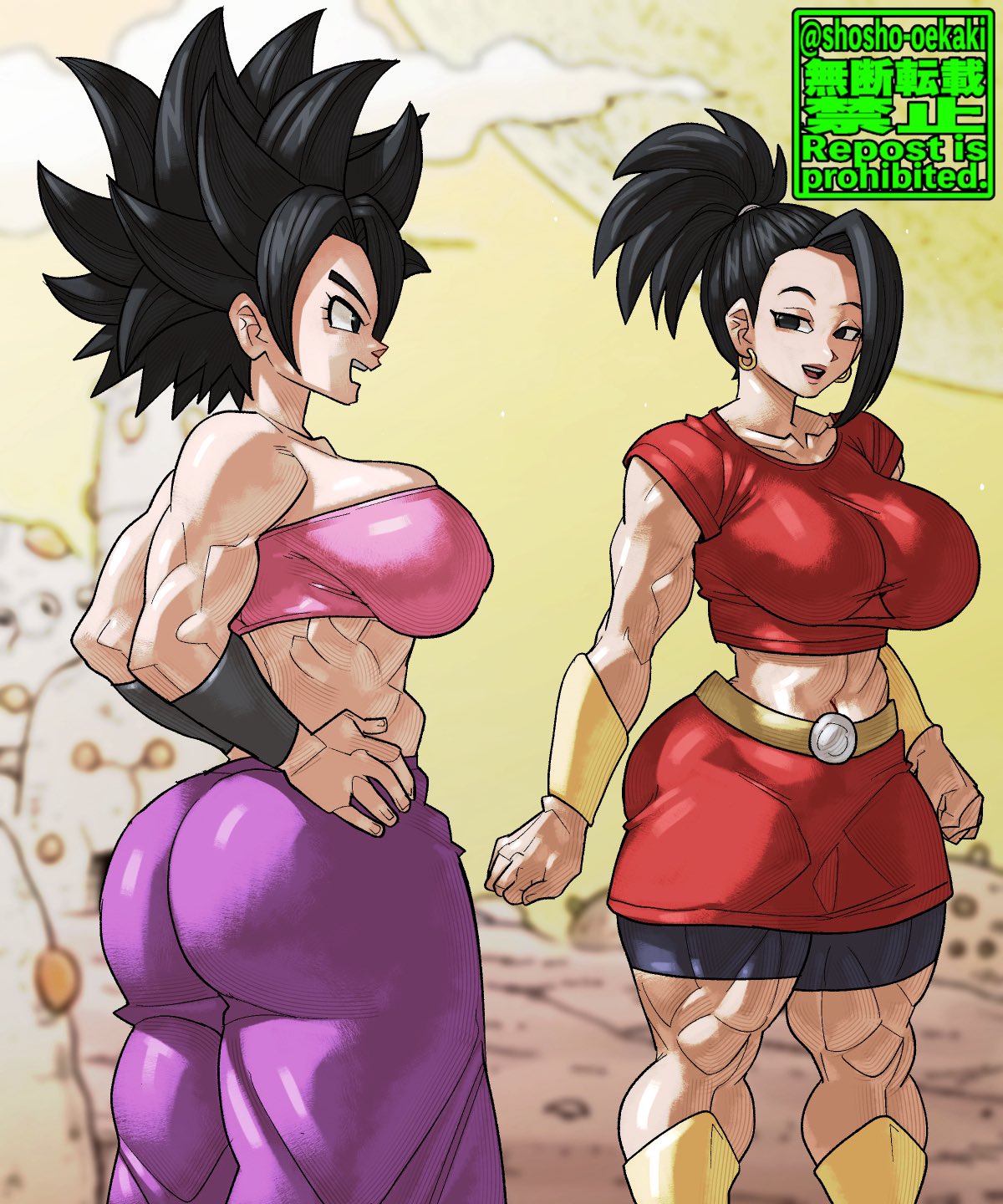 2girls, alternate breast size, caulifla, dragon ball, female, female only, huge ass, huge breasts, kale, multiple girls, muscular, muscular female, saiyan female, shosho oekaki