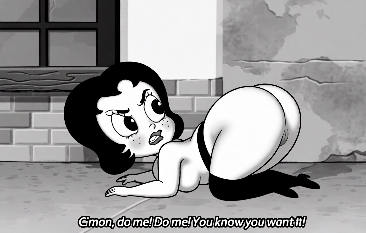 1girls, accurate art style, annoyed expression, ass, ass cheeks, bbw, bent over, big ass, big butt, black stockings, butt, butt focus, chubby, chubby female, comedy central, drawn together, edit, edited, eyelashes, face freckles, female, female focus, female only, monochrome, on floor, presenting hindquarters, screenshot, screenshot edit, text, toot braunstein, white skin