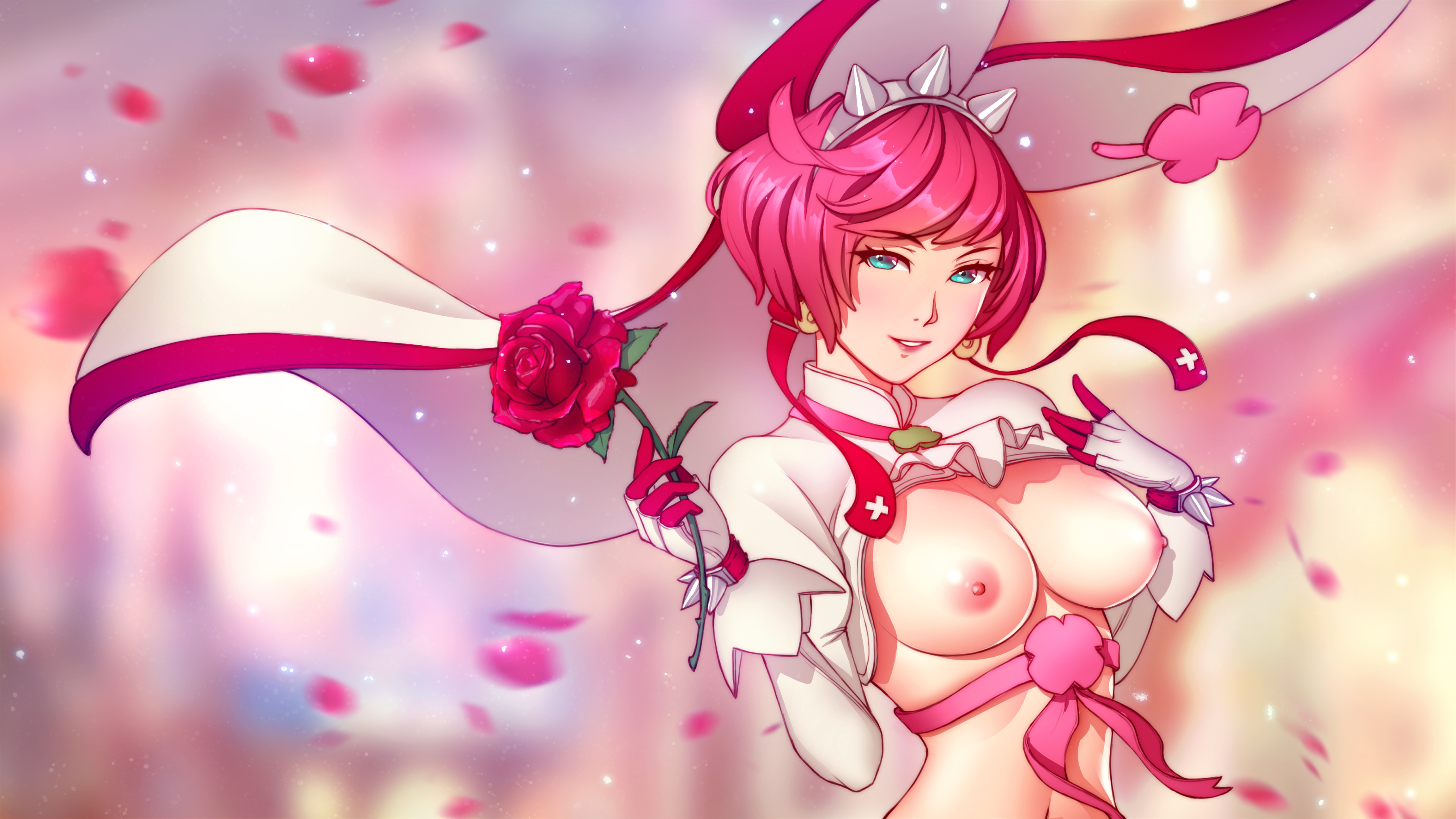 absurdres, aqua eyes, blush, breasts, clover, dress, elphelt valentine, female, female only, flower, gloves, guilty gear, guilty gear xrd, hairband, highres, large breasts, looking at viewer, medium breasts, navel, nipples, petals, pink hair, pinkladymage, rose, short hair, smile, solo, spiked hairband, spikes