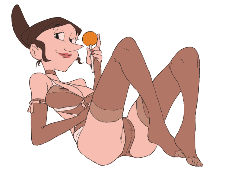 breasts brown_hair disney disney_channel disney_xd female lingerie lipstick looking_to_the_side milo_murphy's_law mrs._murawski no_shoes panties partially_visible_vulva pointy_chin see-through simple_background splooge_(artist) stockings sucker white_background