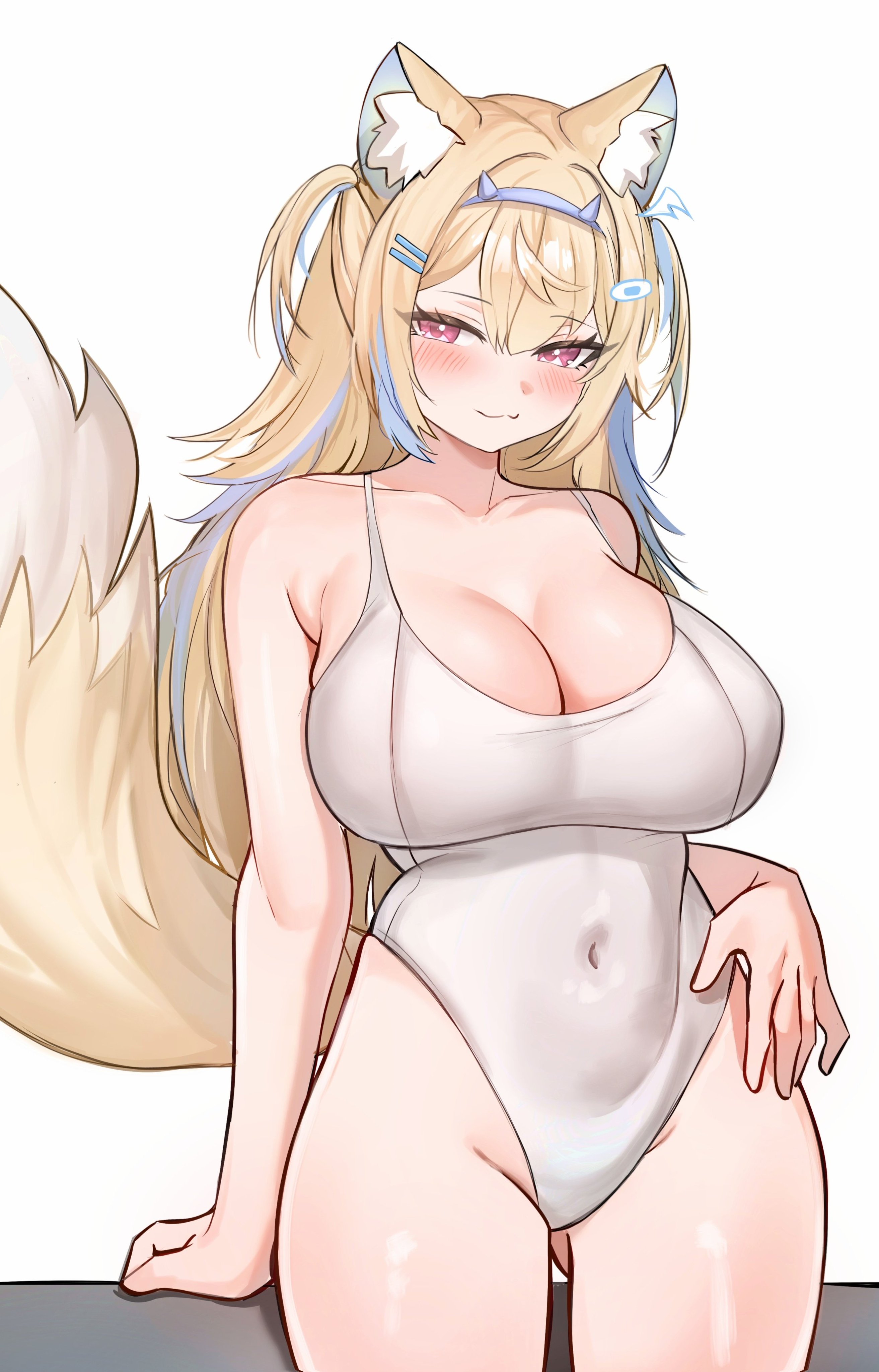 absurd res, animal humanoid, belly, big breasts, blonde hair, blue highlights, blush, breasts, clothing, collarbone, female, fuwawa abyssgard, hair, hi res, highlights (coloring), hololive, hololive en, hololive english, humanoid, large breasts, navel outline, nipple outline, one-piece swimsuit, pingun, pink eyes, simple background, solo, swimwear, thick thighs, virtual youtuber, vtuber, white background, white clothing, white swimwear, wide hips