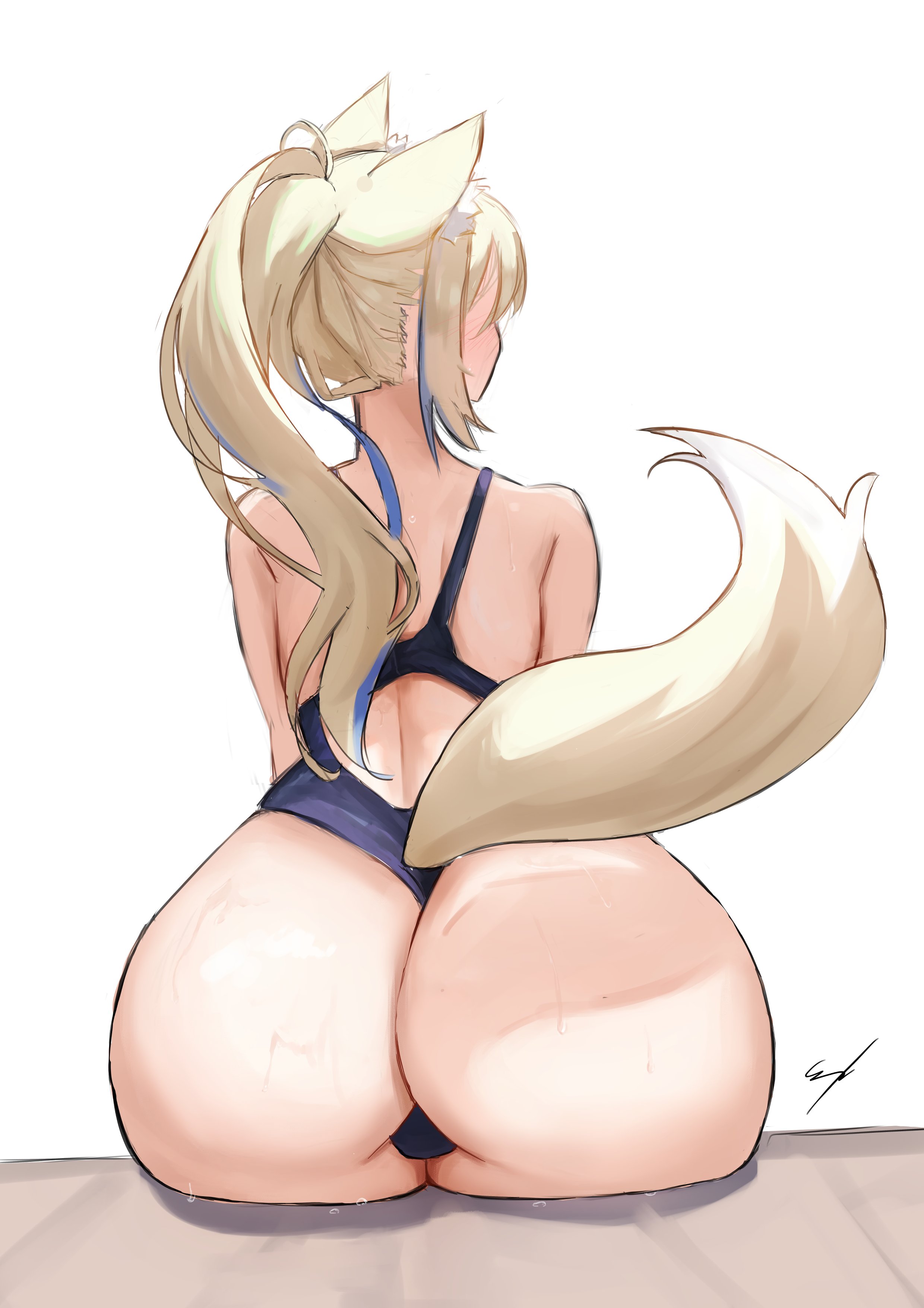 animal humanoid, big butt, blonde hair, blue clothing, blue highlights, blue swimwear, bodily fluids, butt, butt focus, clothing, erroz, female, fuwawa abyssgard, hair, hi res, highlights (coloring), hololive, hololive en, hololive english, humanoid, looking away, one-piece swimsuit, signature, simple background, sitting, solo, sweat, swimwear, tail, virtual youtuber, vtuber, white background, yellow tail