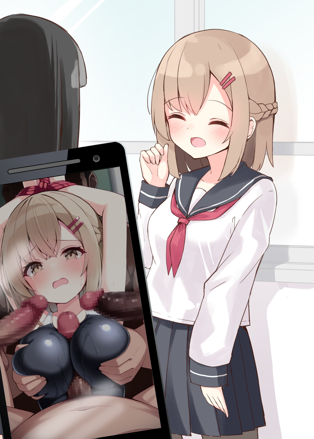 arms up, bare shoulders, big breasts, bound arms, brown eyes, brown hair, childhood friend (ominaeshi), crying, fat male, female, gangbang, gangrape, grabbing breasts, hair clips, helpless, multiple boys, multiple penises, ntr, ominaeshi (takenoko), one-piece swimsuit, open mouth, original, paizuri, paizuri cum dump, paizuri over clothes, penis, phone screen, rape, raped female, school uniform, smile, surrounded by penises, swimsuit, upper body
