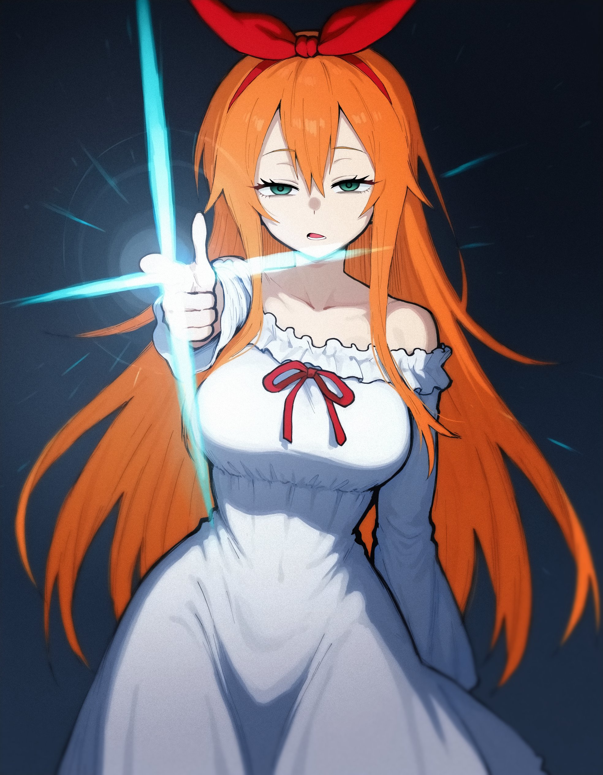 1girl, 1girls, artist request, bare shoulders, blue eyes, collarbone, female, female focus, female only, hair between eyes, long hair, looking at viewer, meme, meme reference, navel, orange hair, parted lips, petra leyte, re:zero kara hajimeru isekai seikatsu, red ribbon, robe, simple background, solo, solo focus, very long hair