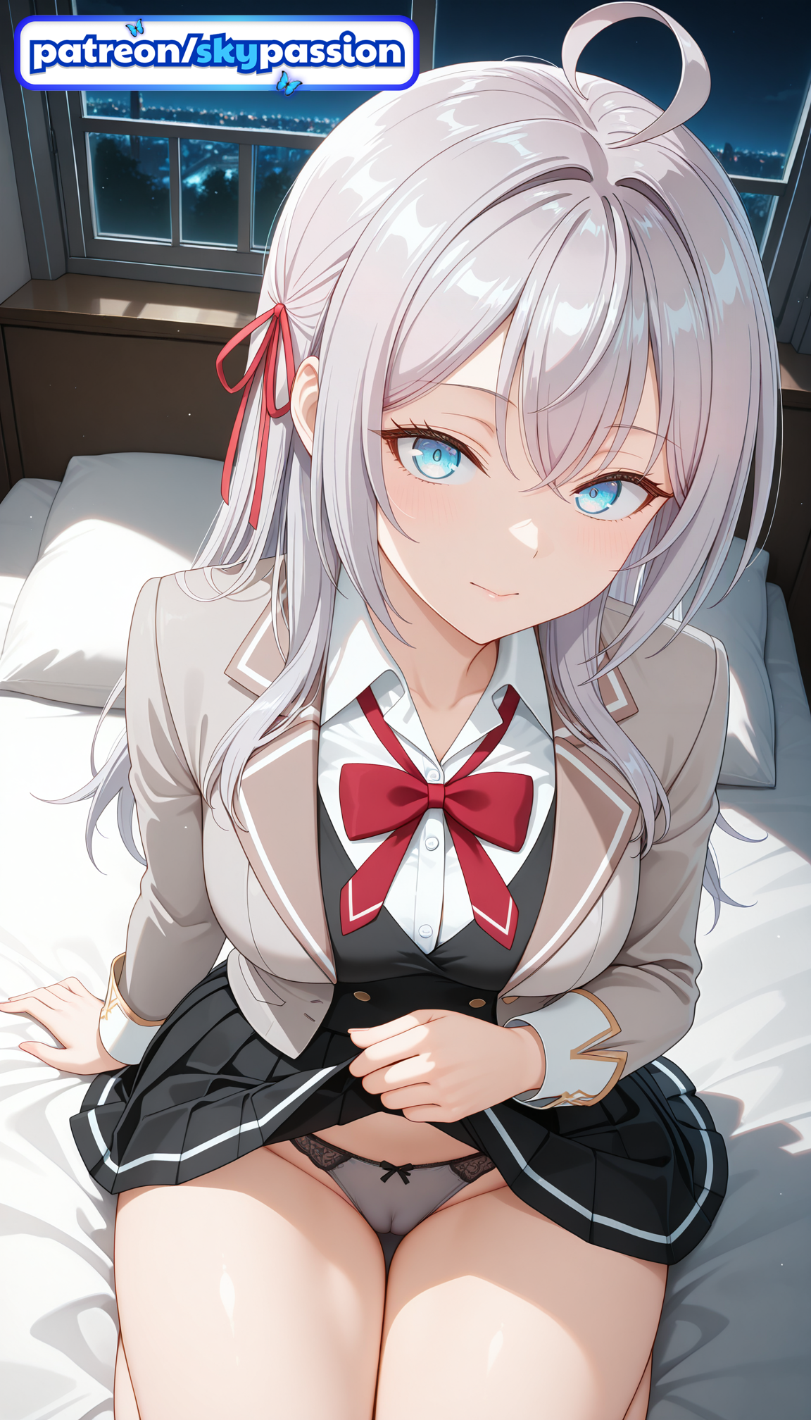 1girls, 2026, ai assisted, ai generated, alisa mikhailovna kujou, anime, bed, bed sheet, bedroom, clothes lift, hi res, high quality, high resolution, highres, on bed, panties, patreon, patreon username, pillow, ribbon, sitting on bed, skirt, skirt lift, skypassion, stable diffusion, tokidoki bosotto russian de dereru tonari no alya-san, underwear, watermark, window