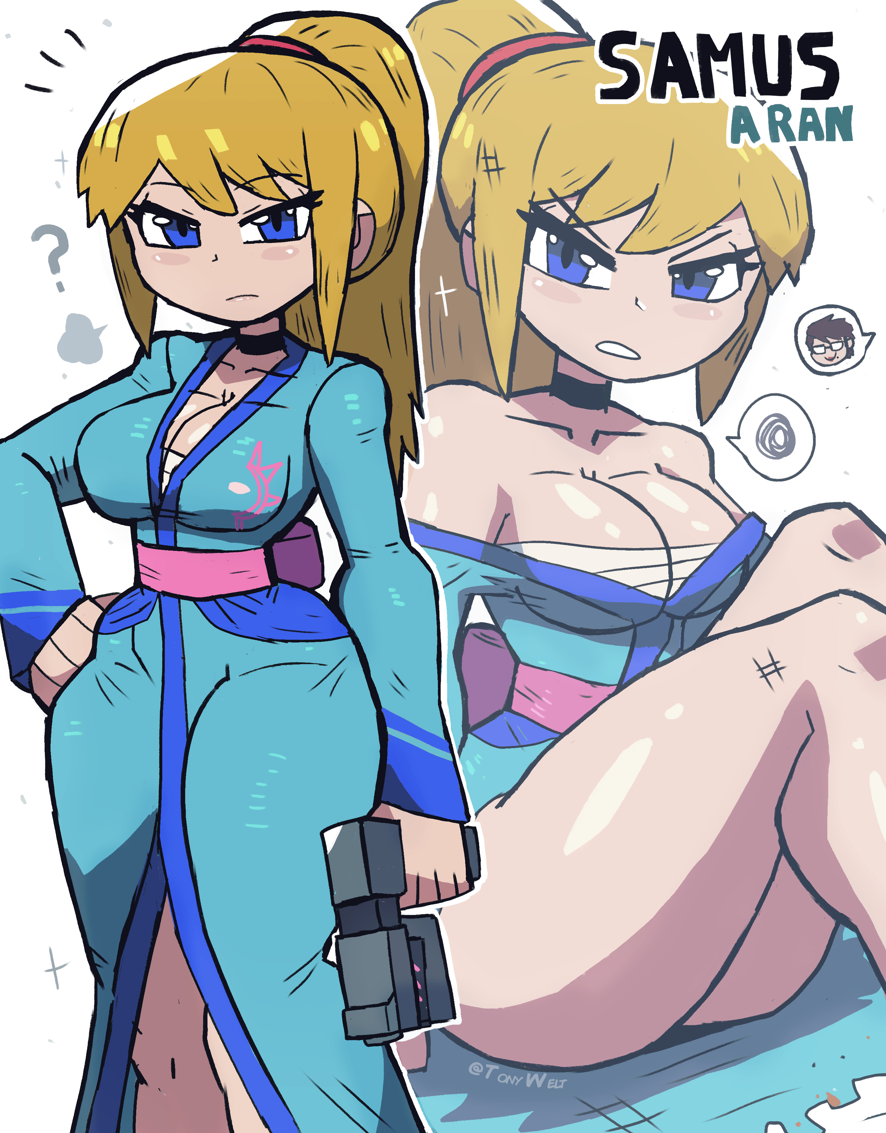 1girls, asian clothing, bayonetta, bayonetta (character), bayonetta 2, big breasts, blonde hair, blue eyes, breasts, cleavage, eyebrows, eyelashes, female, female only, kimono, large breasts, light skin, light-skinned female, looking at viewer, metroid, ponytail, samus aran, solo, solo female, solo focus, thick thighs, thighs, tony welt, white female, wide hips