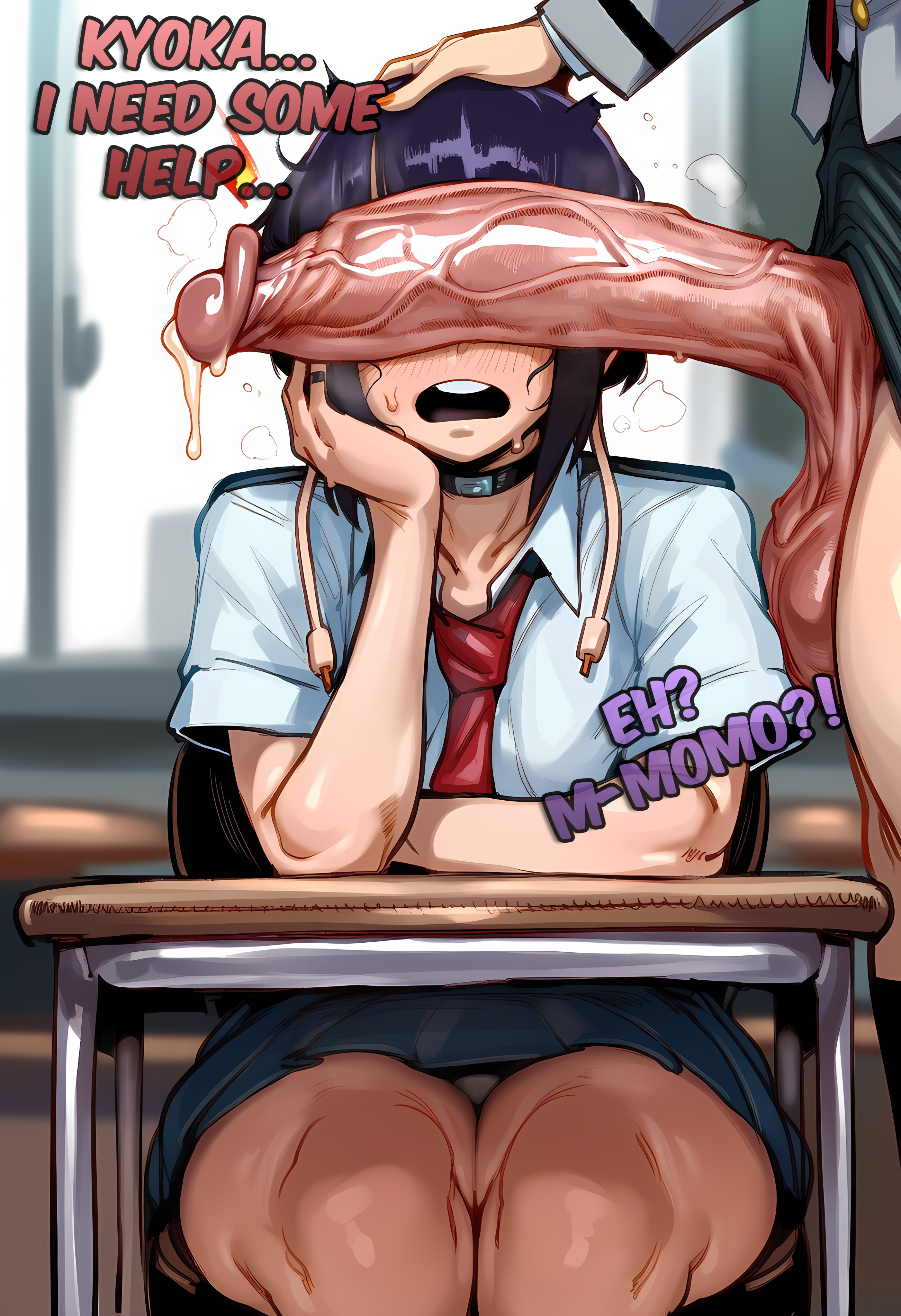 1futa, 1girl, 2026, 2d, absurd res, absurd resolution, absurdres, ai generated, black choker, black hair, blush, boku no hero academia, chair, choker, classroom, desk, english text, erection, futa with female, futanari, hand on another's head, head rest, hetero, hi res, high quality, high resolution, highres, huge penis, ichislop, image, indoors, jirou kyouka, kyoka jiro, large penis, momo yaoyorozu, multiple girls, my hero academia, necktie, on chair, open mouth, panties, penis, penis awe, penis on face, penis over eyes, pleated skirt, precum, purple hair, red necktie, school chair, school desk, school uniform, shirt, short hair, short sleeves, sitting, skirt, solo focus, sweat, teeth, testicles, u.a. school uniform, uncensored, uncensured, underwear, upper teeth only, veins, veiny penis, white panties, white shirt