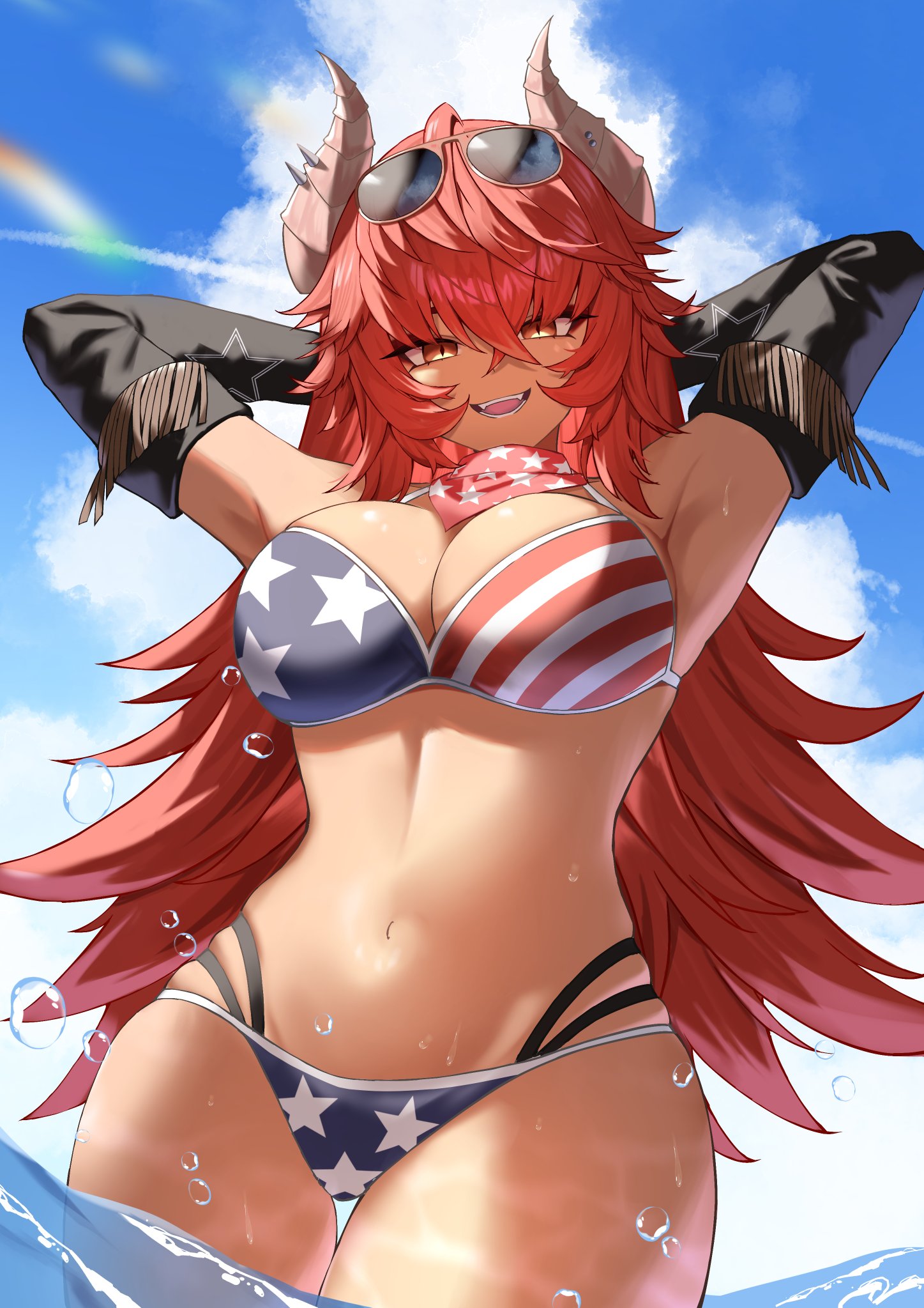 american flag bikini, artist request, bikini, dragon girl, female, hourglass, large breasts, red hair, socks agency, sunglasses, tanned, thick thighs, virtual youtuber, water, yellow eyes, zentreya, zentreya (cowboy bikini)