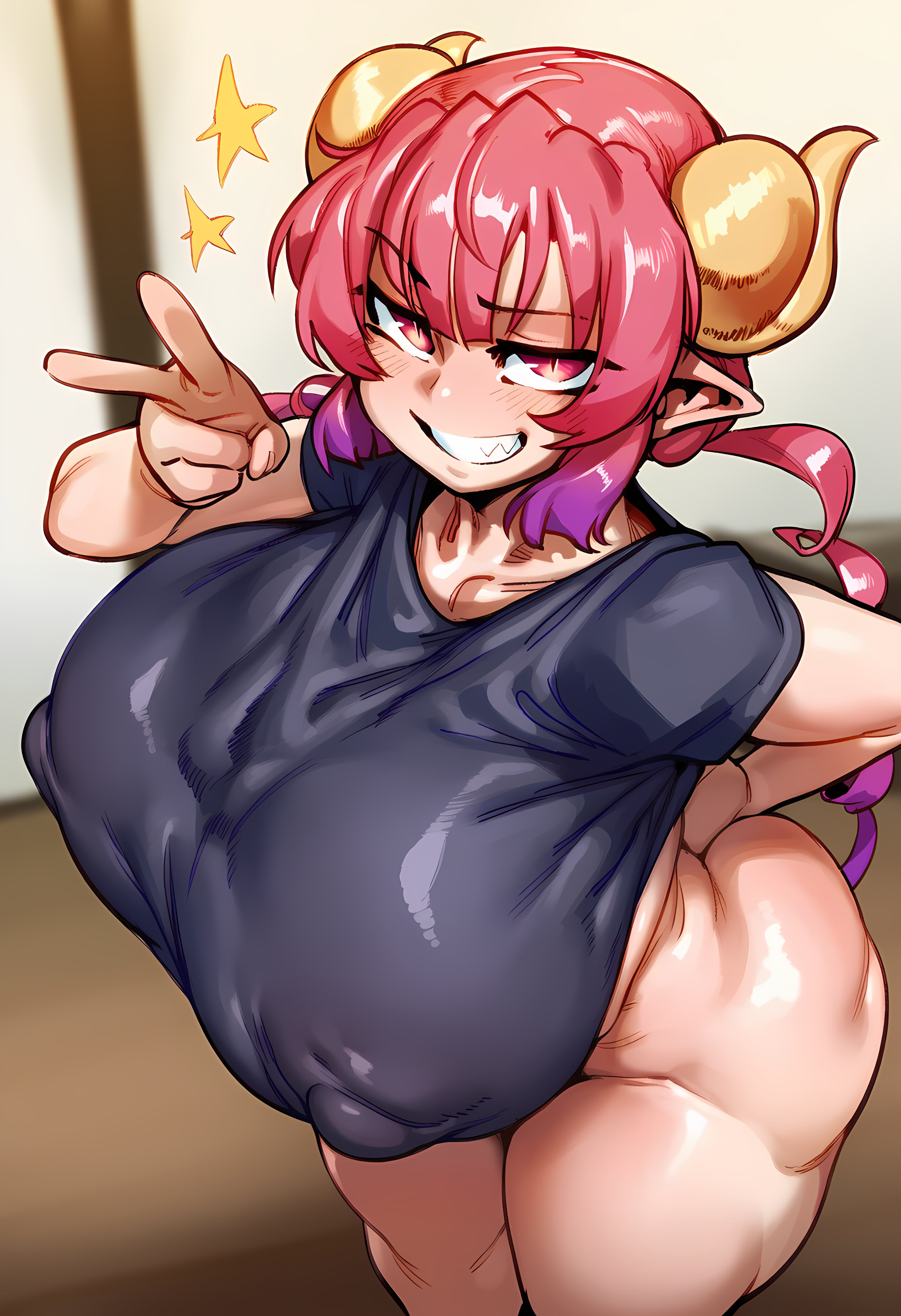 1girl, 2026, 2d, absurd res, absurd resolution, absurdres, ai generated, ass, black shirt, bottomless, breasts, collarbone, covered nipples, dragon girl, dragon horns, gradient hair, grin, hi res, high quality, high resolution, highres, horns, huge breasts, ichislop, ilulu (maidragon), image, kobayashi-san chi no maidragon, long hair, looking at viewer, miss kobayashi's dragon maid, multicolored hair, pink hair, pointy ears, purple hair, red eyes, red hair, shirt, shortstack, slit pupils, smile, solo, teeth, thick thighs, thighs, twintails, uncensured, v