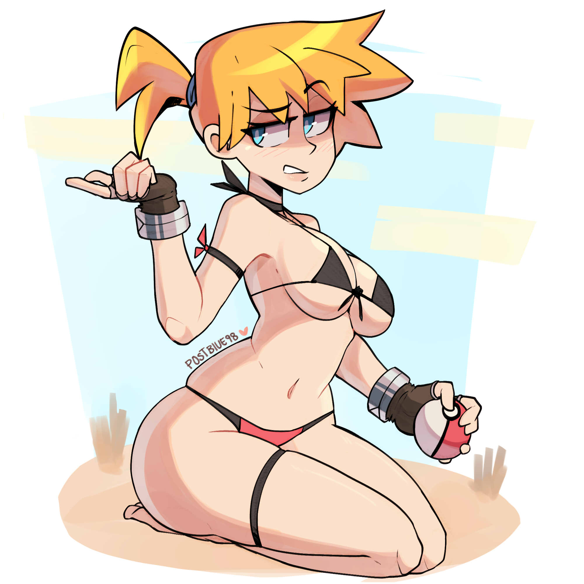 ass, big breasts, bikini, black bikini, blue eyes, breasts, cleavage, female, female only, gloves, human, human only, kasumi (pokemon), nintendo, pokeball, pokemon, postblue98, red hair, thighs