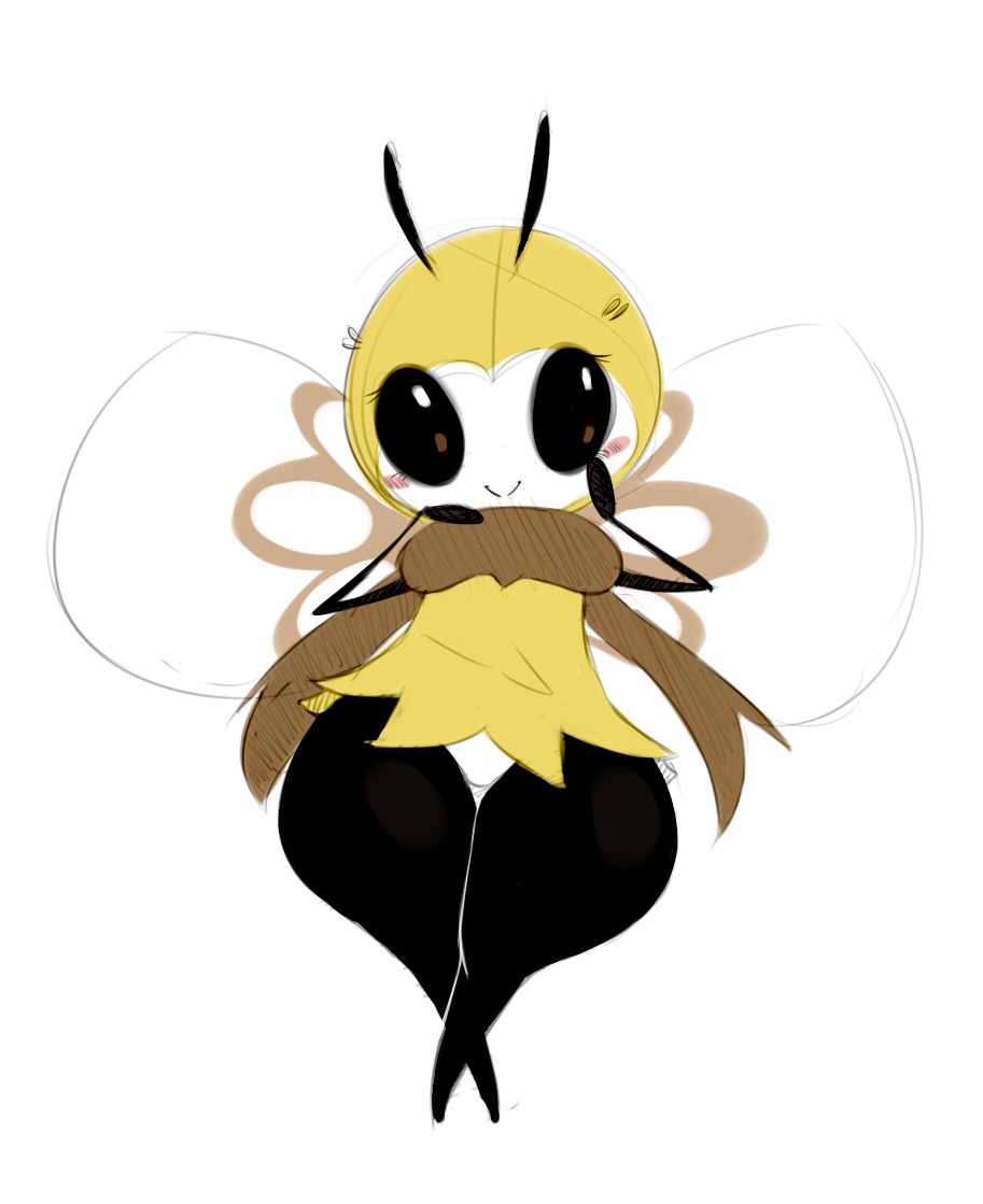 1girls antenna bee big_breasts black_eyes black_sclera black_skin blush breast breasts brown_eyes bulumble-bee fairy female female_only furry hands_on_face humanoid insect looking_at_viewer nintendo nude pokemon pokemon_sm ribombee scarf simple_background smile thick_thighs white_background wide_hips wings yellow_fur