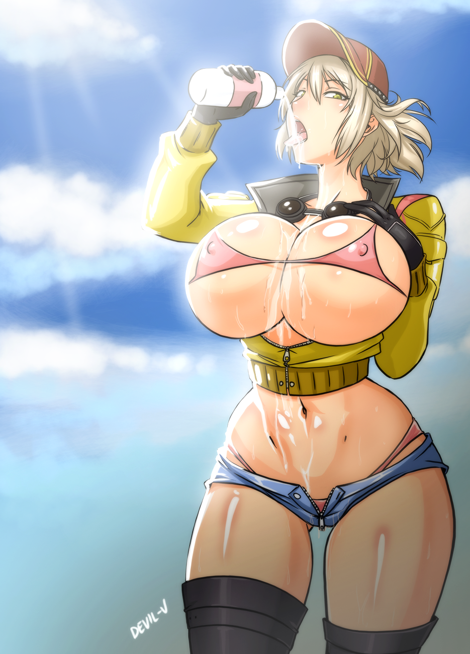 black_legwear blonde_hair bra breasts cindy_aurum cleavage covered_nipples denim denim_shorts devil-v female female_only final_fantasy final_fantasy_xv gloves goggles goggles_around_neck high_collar hourglass_figure huge_breasts large_breasts looking_at_viewer midriff navel open_clothes open_fly open_mouth panties shiny shiny_skin short_hair short_shorts shorts solo thighhighs tongue tongue_out underwear unzipped water water_bottle