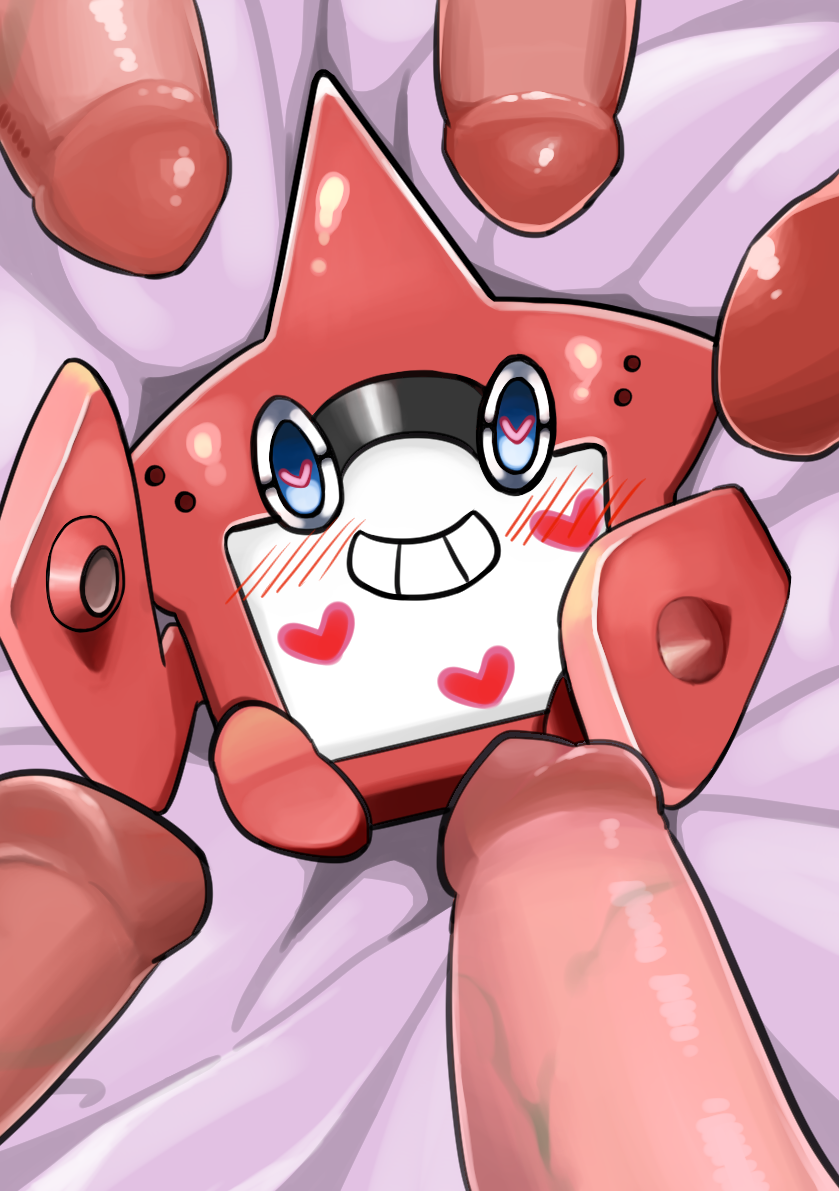 5boys ambiguous_gender bed blue_eyes blush erection feet group heart heart-shaped_pupils human interspecies male mammal nintendo on_back penis pokemon pokemon_sm pokephilia red_skin rotom_pokedex smile teeth veins veiny_penis video_games