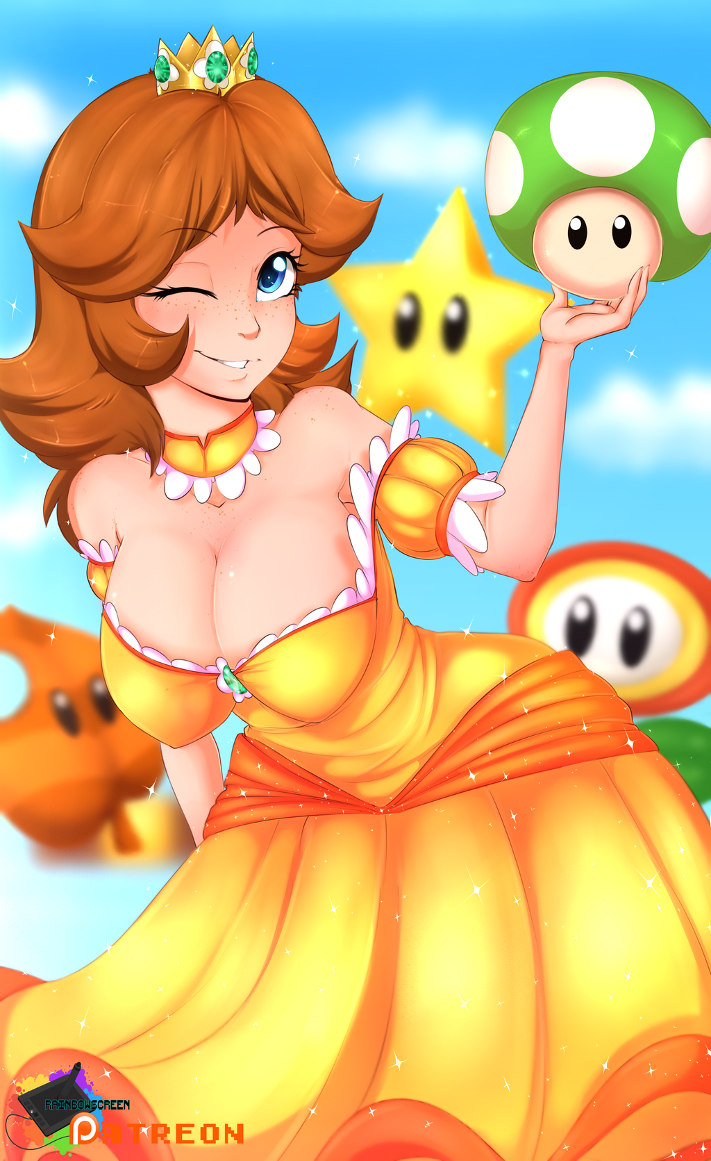 1girls 1up 1up_mushroom ;d adapted_costume armpits bare_shoulders bent_over black_eyes blue_eyes blue_sky blurry blurry_background blush breasts brooch cleavage collarbone cowboy_shot crown depth_of_field detached_collar down_blouse dress female female_only fire_flower freckles gem glint grin hanging_breasts highres holding jewelry large_breasts long_hair looking_at_viewer mario_(series) mushroom neck nintendo off-shoulder_dress off_shoulder one_eye_closed open_mouth orange_dress parted_lips power_up princess_daisy puffy_short_sleeves puffy_sleeves rainbowscreen sapphire_(stone) short_hair short_sleeves sky smile smiley_face solo sparkle standing star starman_(mario) super_leaf super_mario_bros. super_star teeth wink yellow_dress