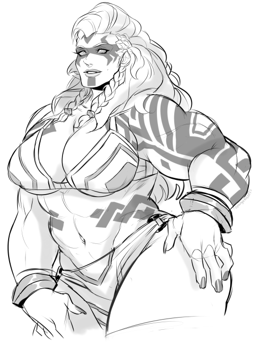 1girls 2d abs barbarian barbarian_zarya blizzard_entertainment braided_twintails braids breasts cleavage female female_only heroes_of_the_storm hips lips monochrome muscular muscular_female orangekissess overwatch painted_nails perky_breasts solo tattoos thick_thighs zarya