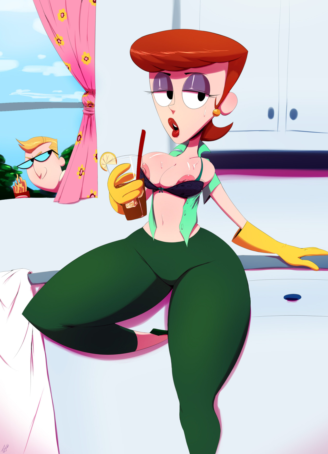 1girls, 2016, areolae, black eyes, bra, breasts, cartoon network, clothes, curtains, dexter's dad, dexter's laboratory, dexter's mom, drink, earrings, eyebrows, eyelashes, eyeliner, eyeshadow, female, gloves, hair, half-closed eyes, highres, human, human only, latex, latex gloves, leggings, lips, lipstick, looking at viewer, makeup, male, milf, mother, nipples, open clothes, open mouth, orange hair, pants, purple bra, red hair, red lipstick, redhead, shiny, shiny skin, short hair, sweat, thehumancopier, thick, thick thighs, wide hips, yellow gloves