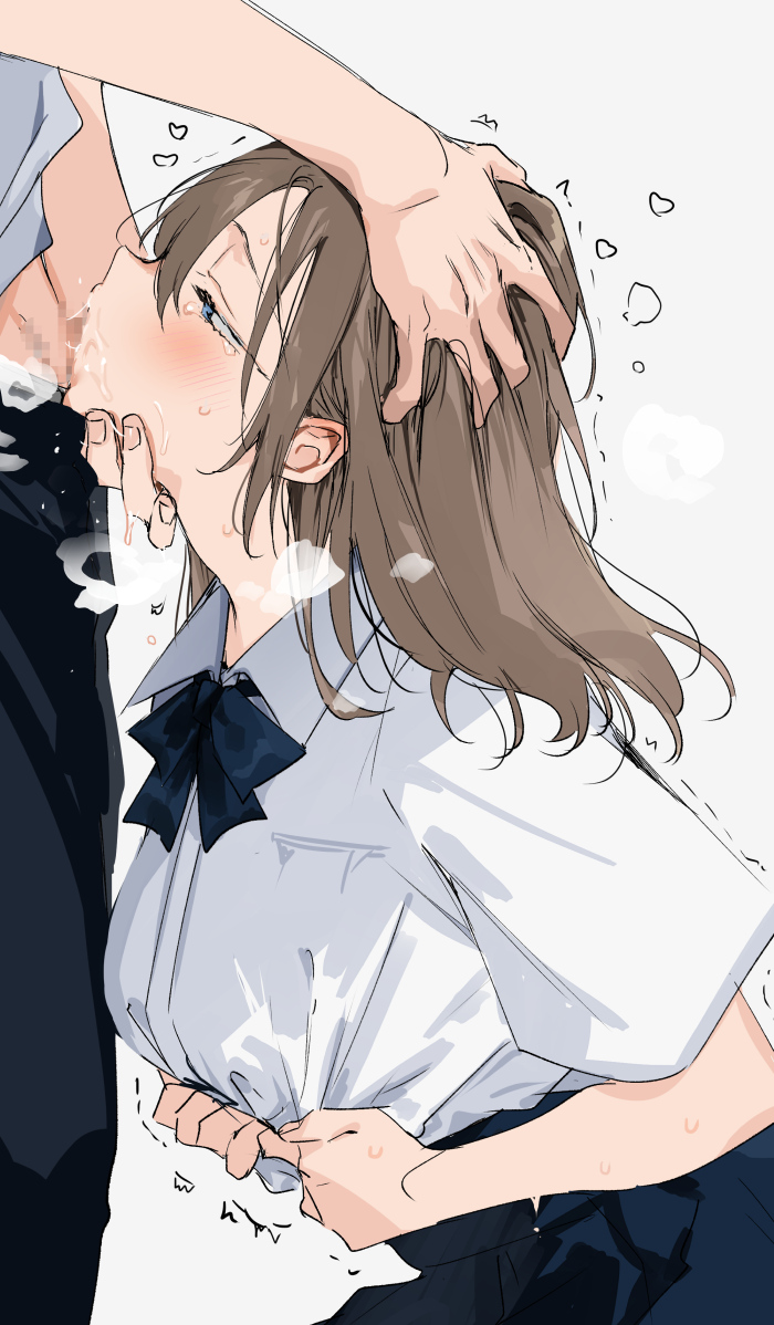 1boy black_bow black_bowtie black_pants blue_eyes blush bow bowtie brown_hair censored collared_shirt deepthroat fellatio female from_behind grey_background hand_on_another's_chin hand_on_another's_head long_hair nonoyama oral original pants profile saliva school_uniform shirt simple_background skirt solo_focus straight sweat tears throat_bulge white_shirt