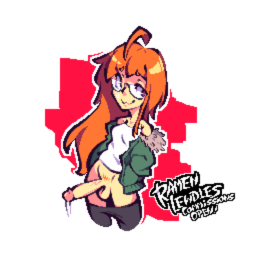 :3, 1futa, balls, ballsack, bangs, big penis, bottomless, breasts, clothed, clothing, erection, futa only, futanari, glasses, human, intersex, jacket, light skin, light-skinned futa, long hair, partially clothed, penis, persona, persona 5, pixel (artwork), pixel art, ramenlewdles, red background, red hair, sakura futaba, smiling, solo, solo futa, standing, testicles, thighhighs, white background, white shirt