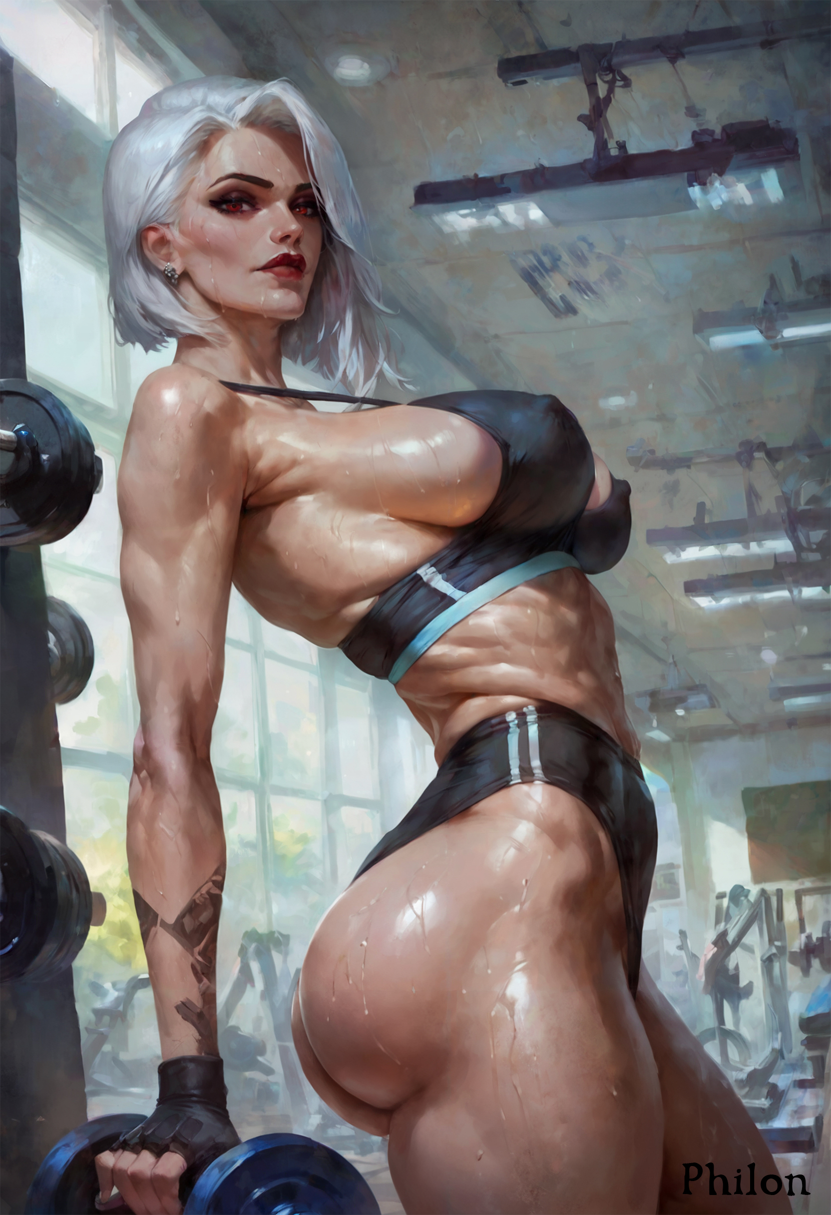 1girls, abs, ai generated, arm tattoo, ashe (overwatch), ass, black gloves, black sports bra, breasts, buruma, covered nipples, dumbbell, earrings, exercise, female, female only, fingerless gloves, from side, gloves, gym, gym uniform, indoors, jewelry, large breasts, lips, looking at viewer, muscular, muscular female, nipple bulge, nose, overwatch, overwatch 2, philon, red eyes, shiny skin, short hair, shorts, sideboob, solo, sports bra, stable diffusion, sweat, tattoo, thick thighs, thighs, weightlifting, weights, white hair