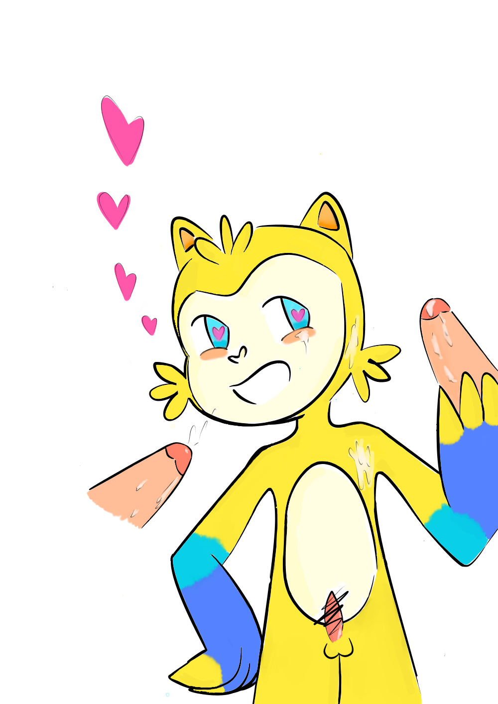 2016_rio_olympics 3boys absurd_res anthro blue_eyes censored_penis furry heart_eyes hi_res male_focus male_only mascots masturbation olympic_mascot olympics penis rio_2016_olympics small_penis small_testicles smile tagme vinicius_(mascot) white_background yellow_skin