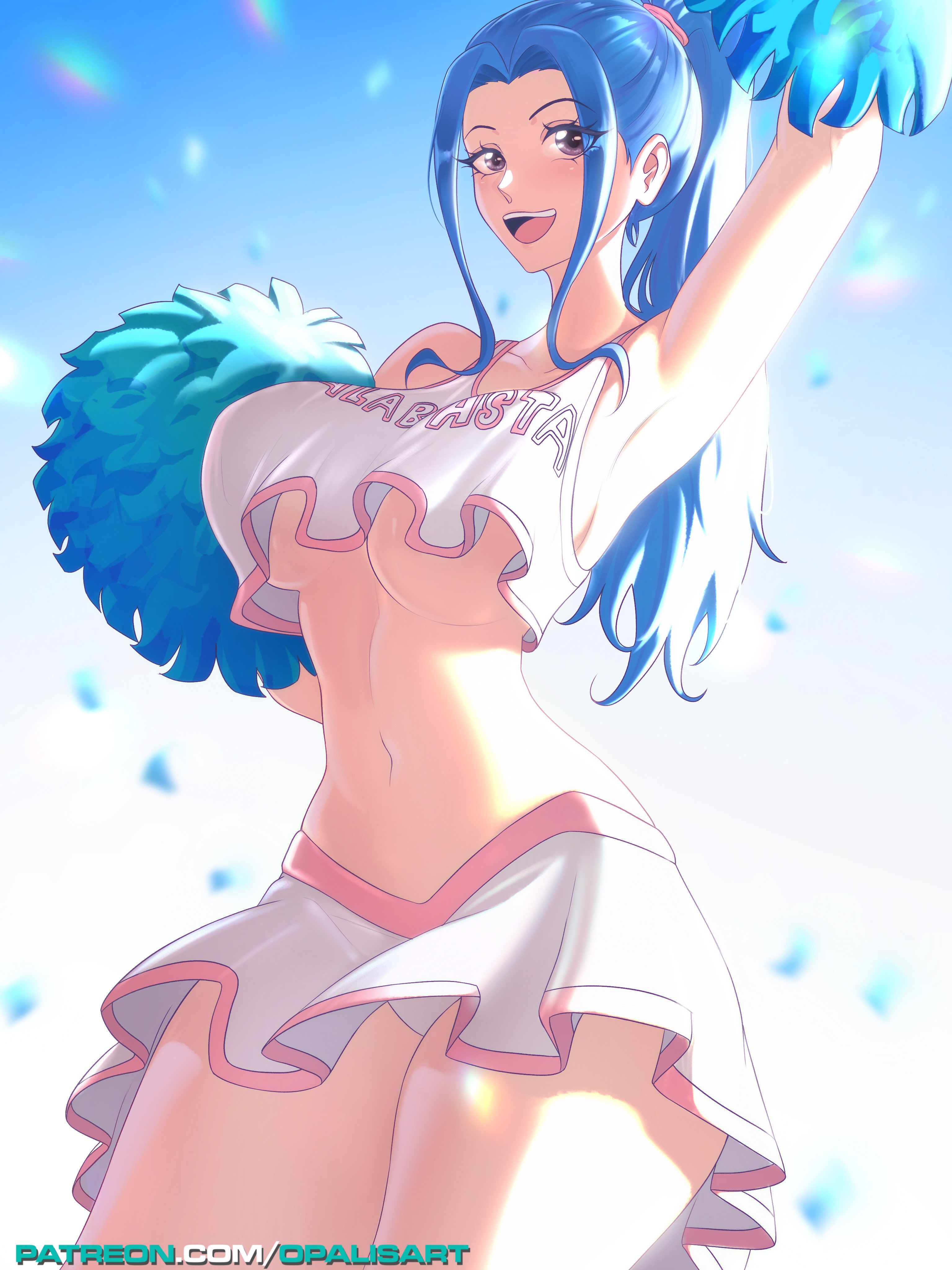 1girls, bare arms, bare legs, bare shoulders, bare thighs, big breasts, blue eyes, blue hair, blue-haired female, blush, breasts, cheerleader, cheerleader outfit, cheerleader uniform, clothed, clothing, color, female, female focus, female only, hi res, large breasts, light skin, light-skinned female, long hair, looking at viewer, nefertari vivi, one piece, opalisart, panties, shounen jump, solo, solo female, tagme, thick thighs, underboob