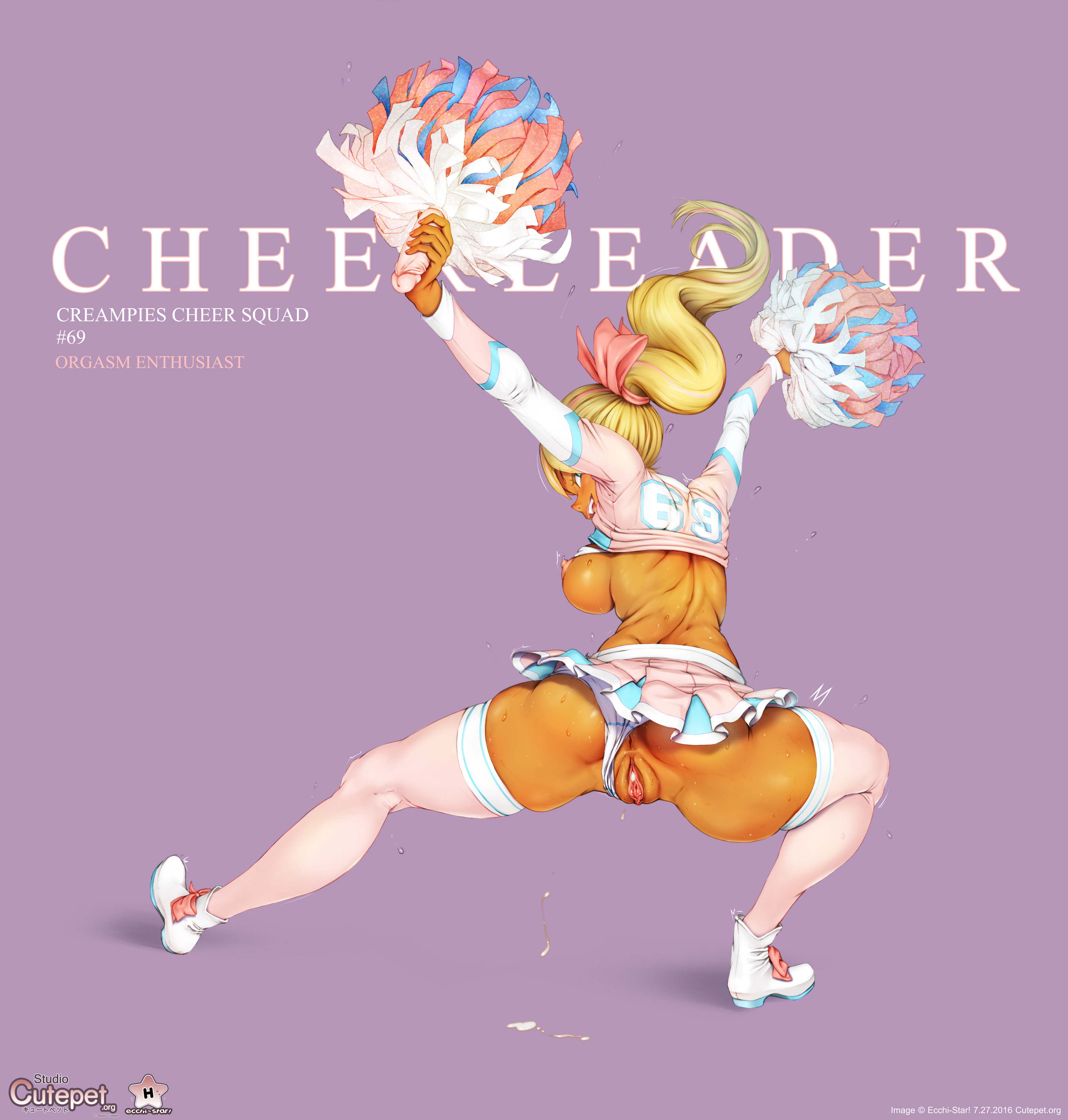 anus, ass, blonde hair, bow, breasts, cheerleader, cum, cum in pussy, cutepet, dark skin, dark-skinned female, female, highres, miniskirt, panties, panties aside, pom poms, ponytail, pussy, sideboob, solo, thighhighs