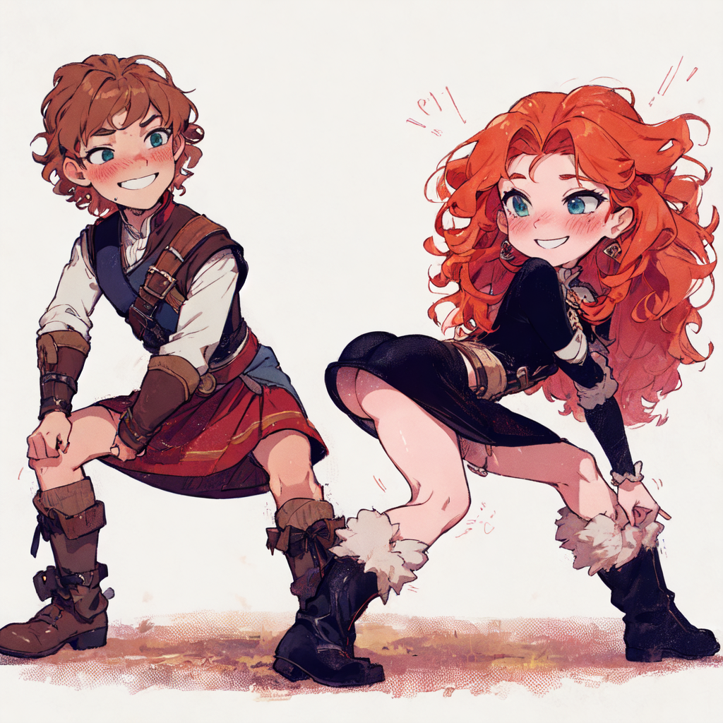 ai ai_generated ass blush bottom bottomless crossover hiccup_horrendous_haddock_iii kilt mericcup merida smile twerking wink