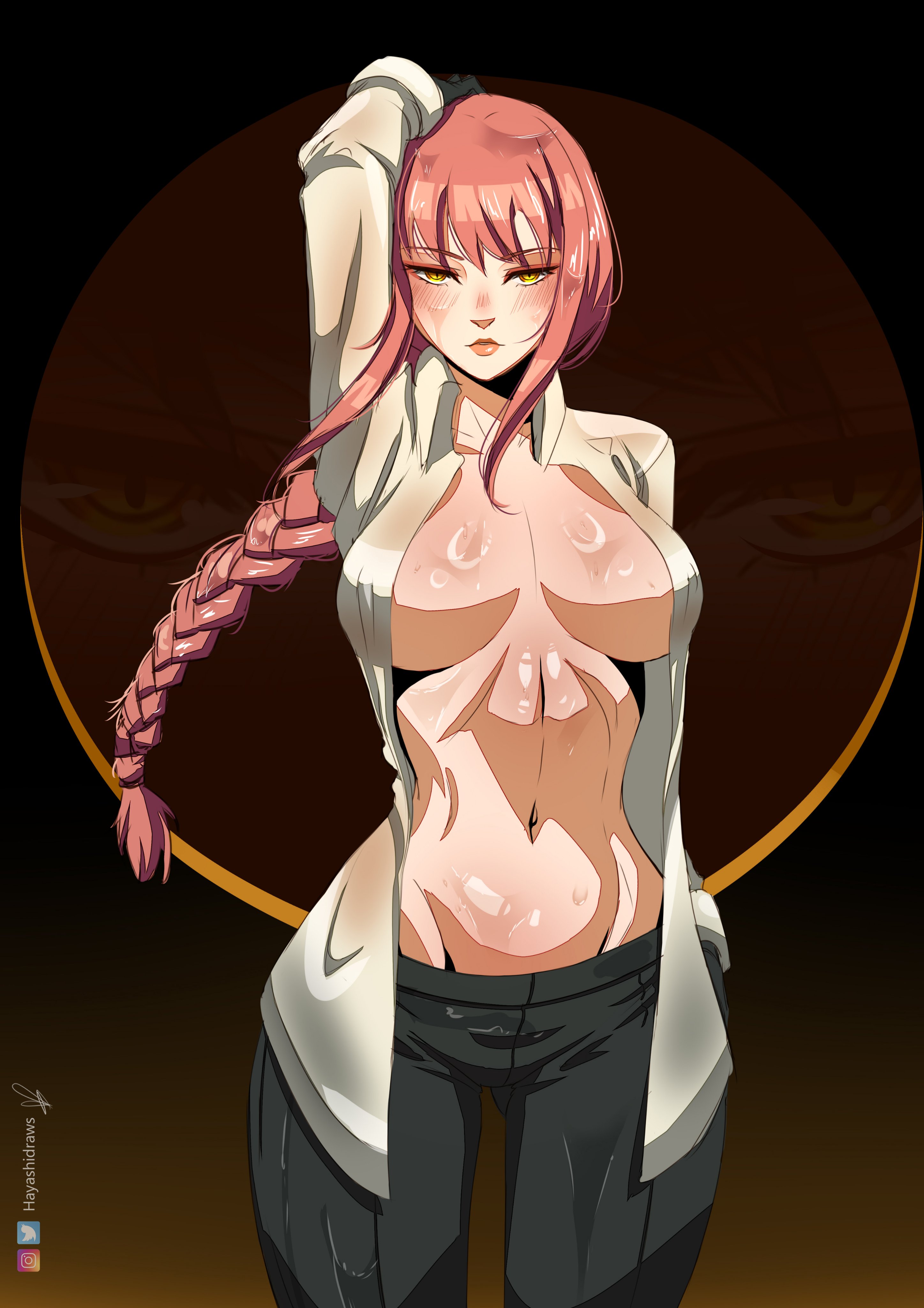 1girls, abs, big breasts, breasts, chainsaw man, female, hand on head, hayashidraws, huge breasts, looking at viewer, makima (chainsaw man), open shirt, ponytail, red hair, solo, solo female, sweat, sweaty, tease, yellow eyes