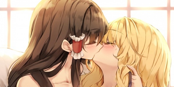 female, marisa kirisame, reimu hakurei, tagme, touhou, yuri