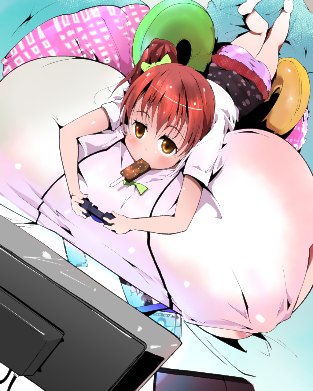 1girls areola_slip breast_pillow breasts_bigger_than_torso casual casual_hyper female_only gigantic_breasts hyper_breasts ice_cream kinkoumori red_hair tagme television television_screen yellow_eyes