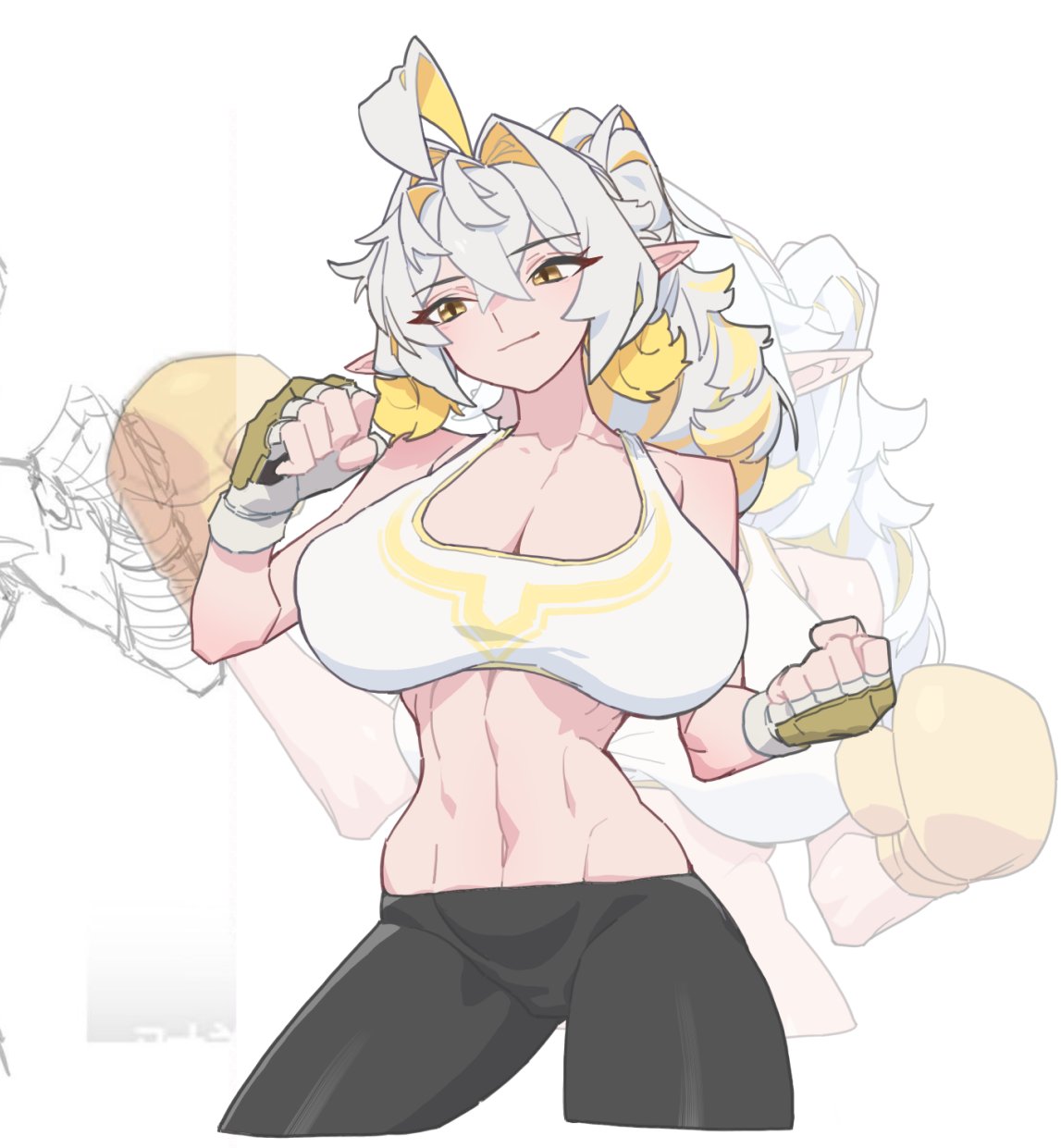 big_breasts breasts fist gloves ponytail shuibaow simple_background skinny_waist smile spats training training_bra white_hair yellow_eyes