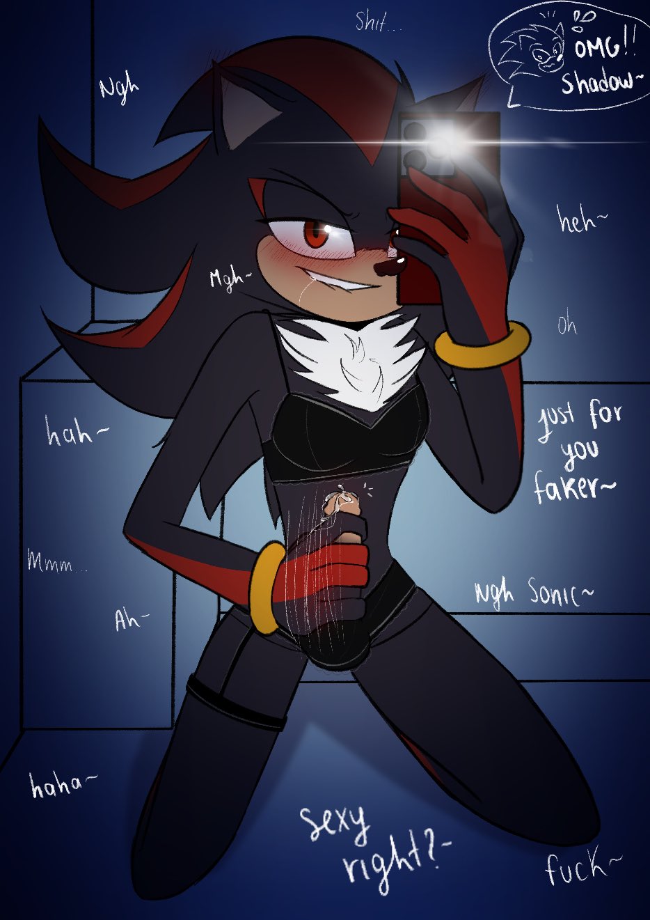 anthro balls blush bodily_fluids clothed clothing crossdressing dialogue drooling electronics genital_fluids genitals hi_res male male_only masturbation penis phone precum saliva sega selfie shadow_the_hedgehog solo sonic_the_hedgehog_(series) zoey