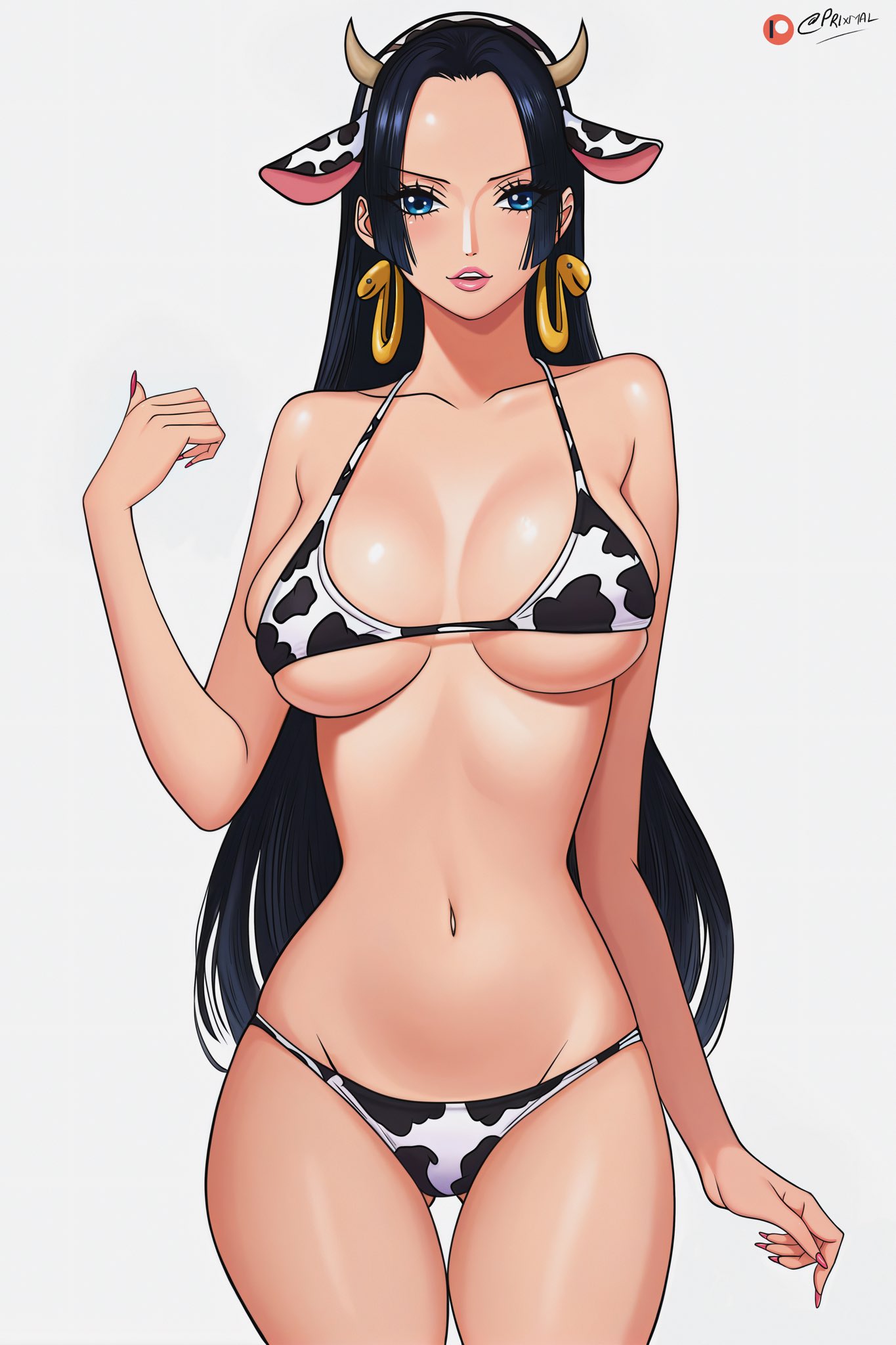 1girls ai_generated bare_arms bare_legs bare_shoulders bare_thighs big_breasts bikini bikini_bottom bikini_top black_hair blue_eyes boa_hancock clothed clothing color cow_bikini female female_focus female_only hi_res horns jewelry large_breasts light-skinned_female light_skin long_hair looking_at_viewer one_piece prixmal shounen_jump solo solo_female tagme thick_thighs