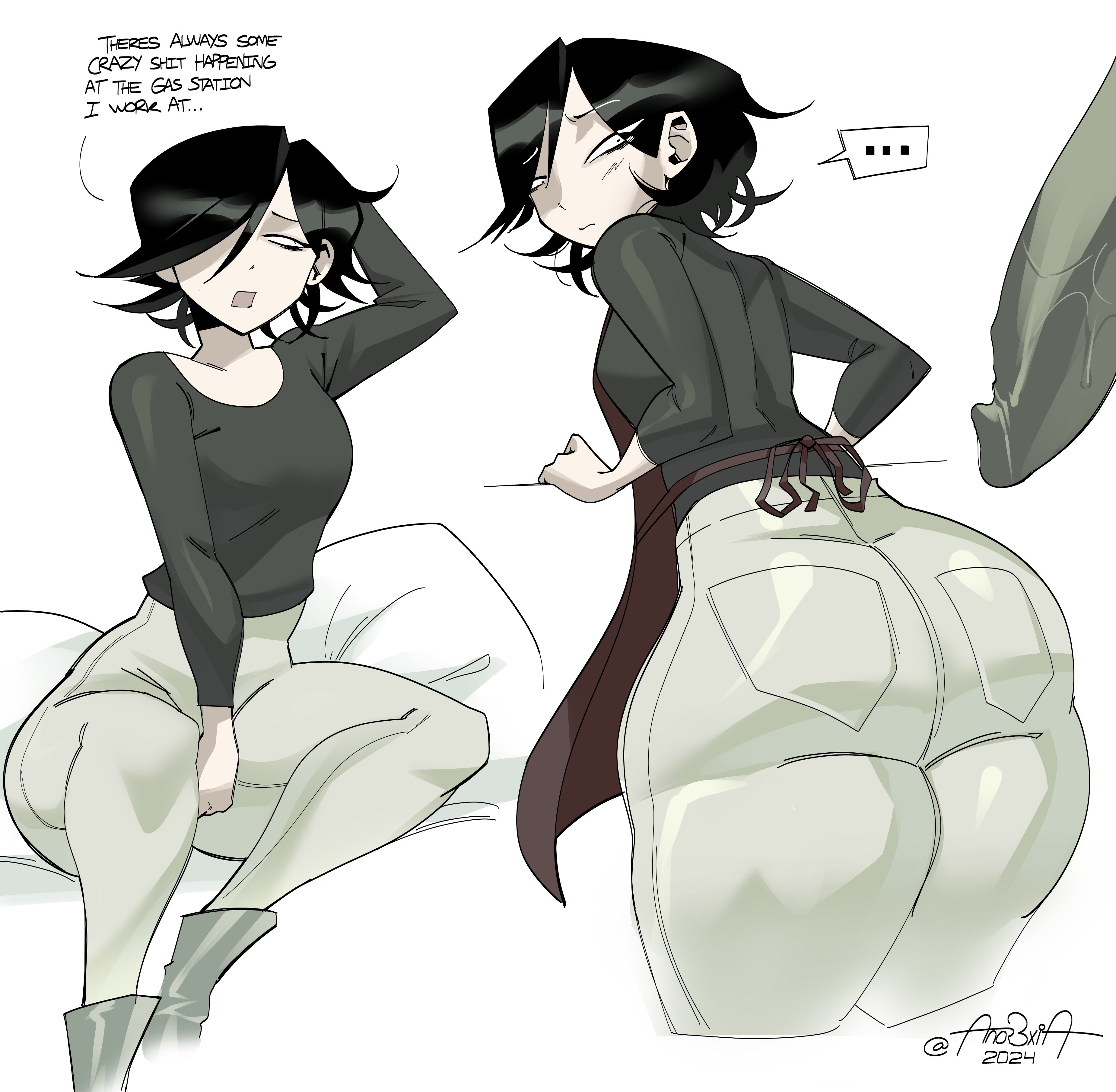 ..., absurd res, anor3xia, apron, ass, back view, big ass, big butt, black hair, fully clothed, galinwinecellar, huge cock, looking at penis, looking back, male, oc, original, original character, penis, short hair, tagme, text, thick thighs, white background