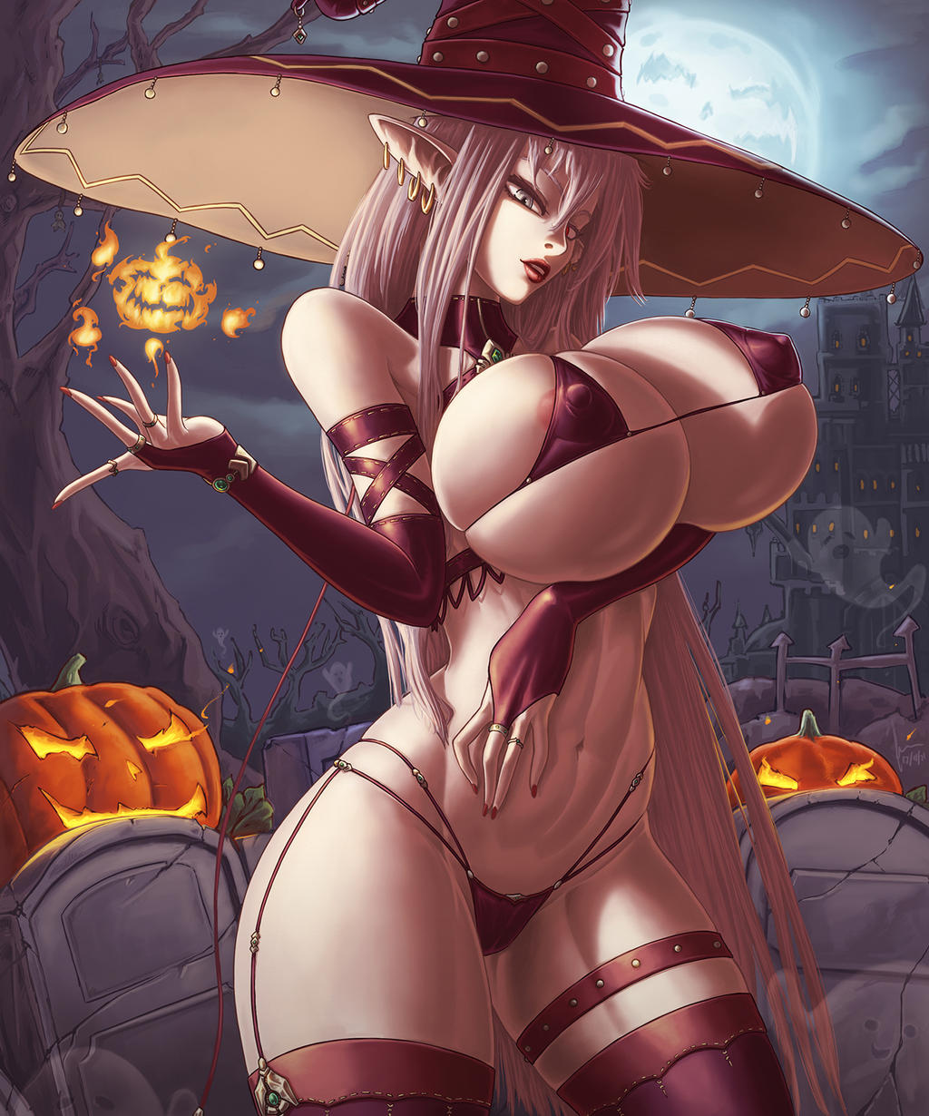 bikini cleavage dmaxcustom female female_only fire ghosts halloween huge_breasts long_hair magic navel pointy_ears pumpkin solo thighhighs tombstone witch_hat